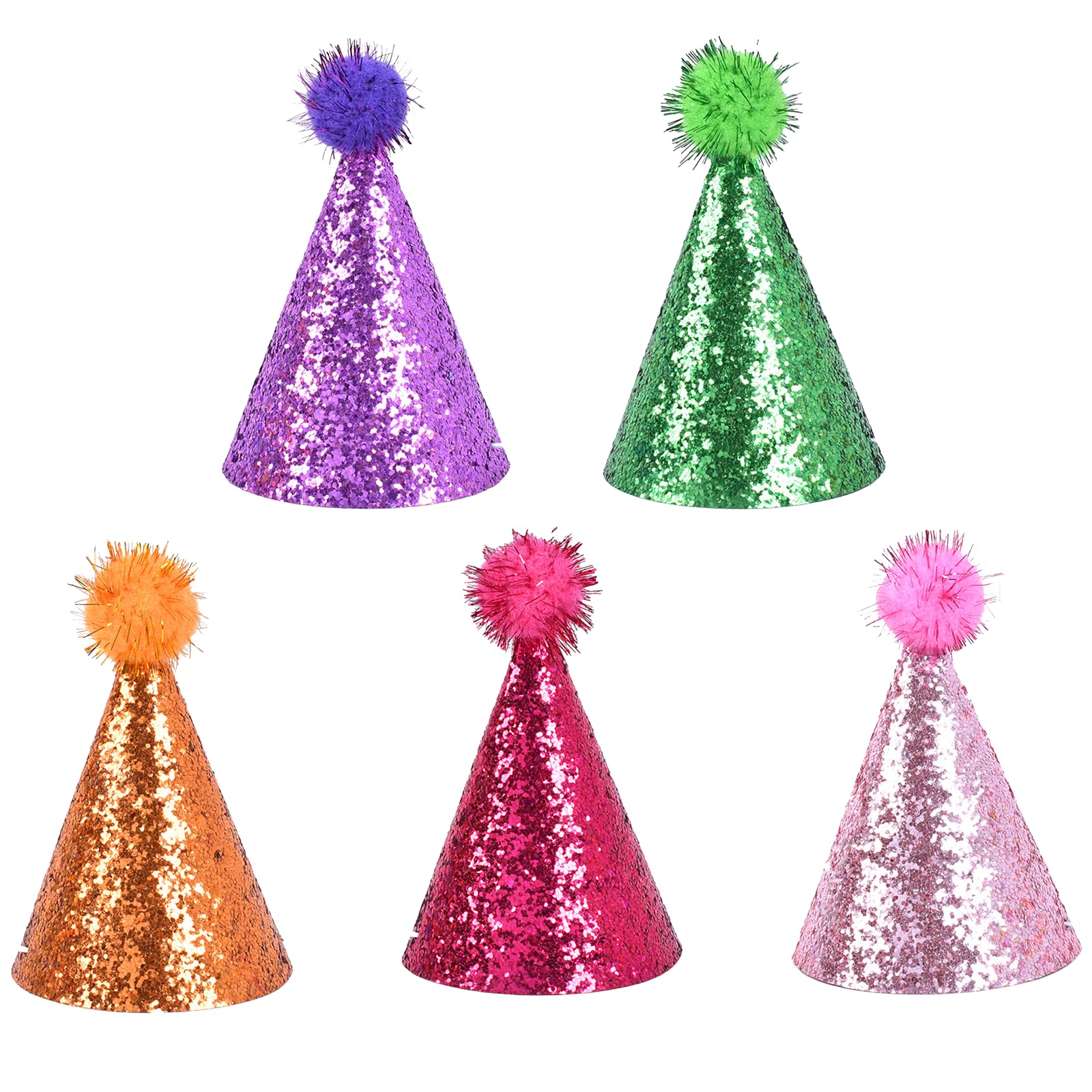 Daxiangsheng Glitter Party Hats, Mixed Colour Pom Pom Design, 5 Pcs