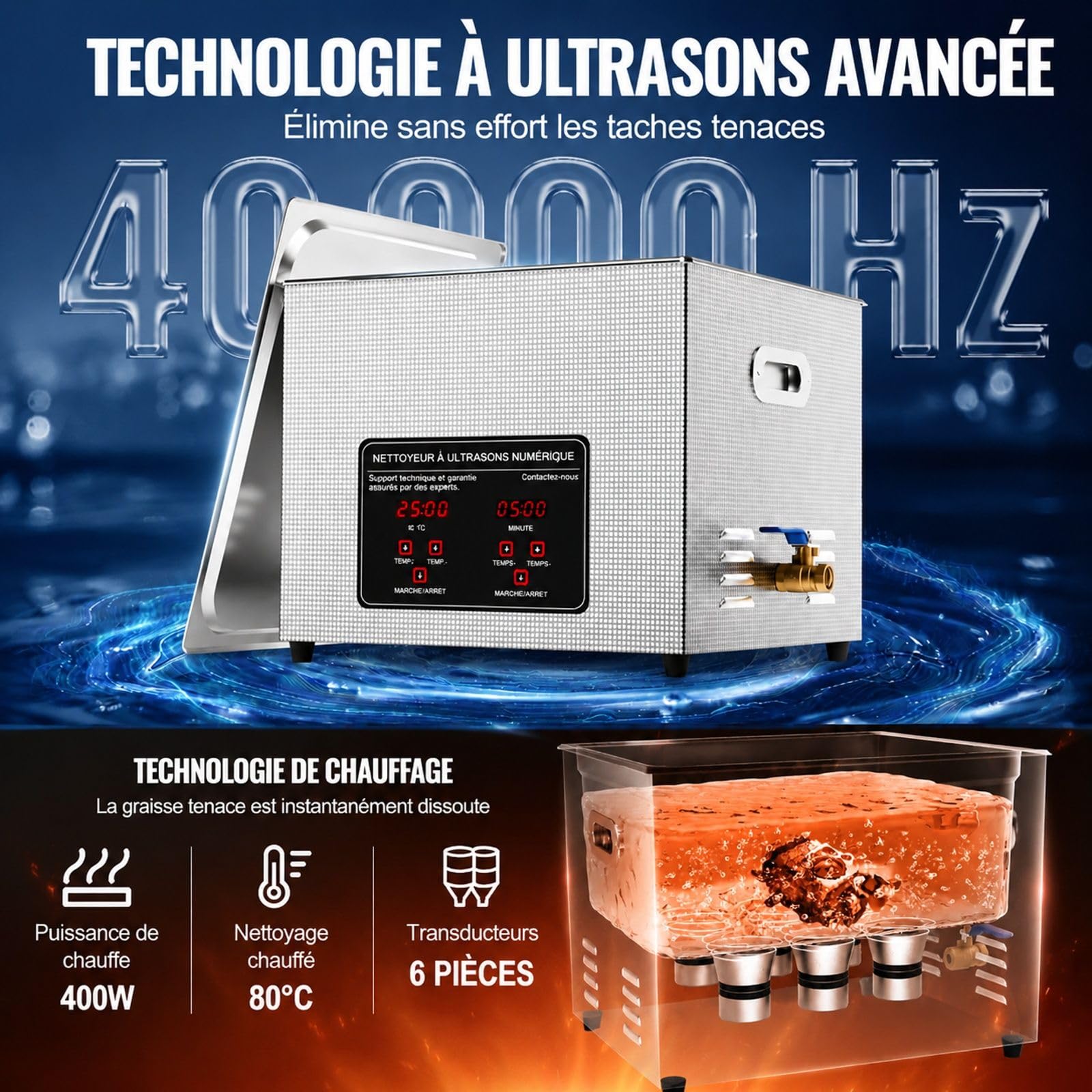 Nettoyeur à ultrasons 15 L 360 W 40 kHz avec minuterie numérique, chauffage, panier, cuve en acier 304 pour montres, lunettes, bijoux, outils