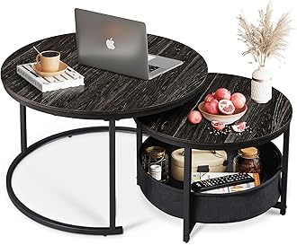 WLIVE Round Coffee Table, 31.5" and 23.6" Small Coffee Tables for Living Room, Nesting Circle Coffee Table Set of 2 with Storage for Apartment, Bedroom, Charcoal Black