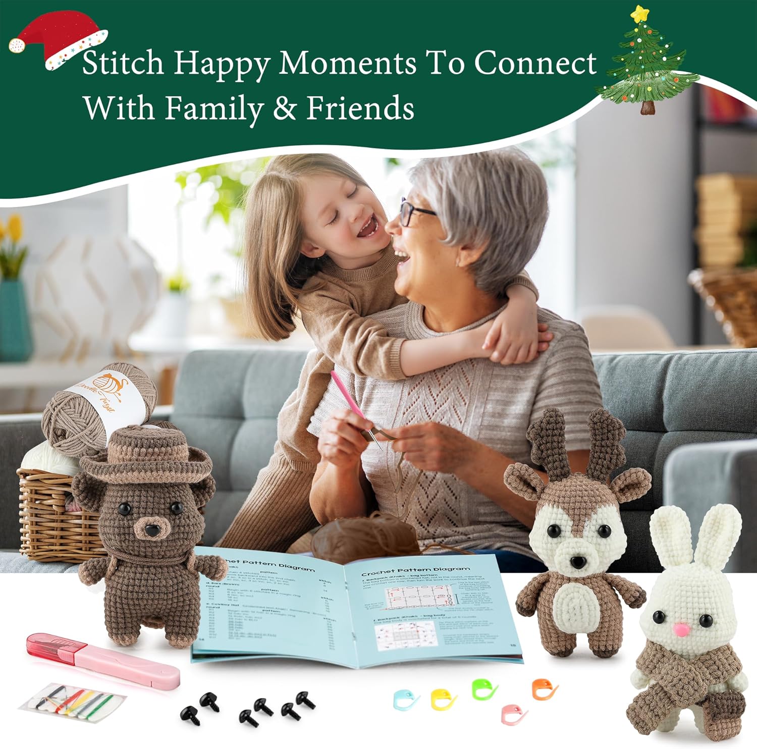 DoodleTwyst Amigurumi Crochet Kit – DIY Crochet Kit with Yarn & Tools – Fun Crochet Kits for Adults to Make Bear, Bunny & Reindeer Stuffed Animals