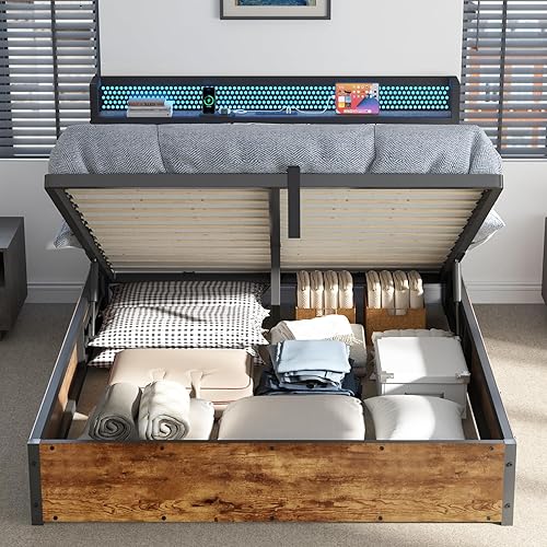 AMERLIFE Marco de cama elevable de tamaño matrimonial con tapizado de lino, luz LED y cabecera de almacenamiento, base de cama de plataforma con