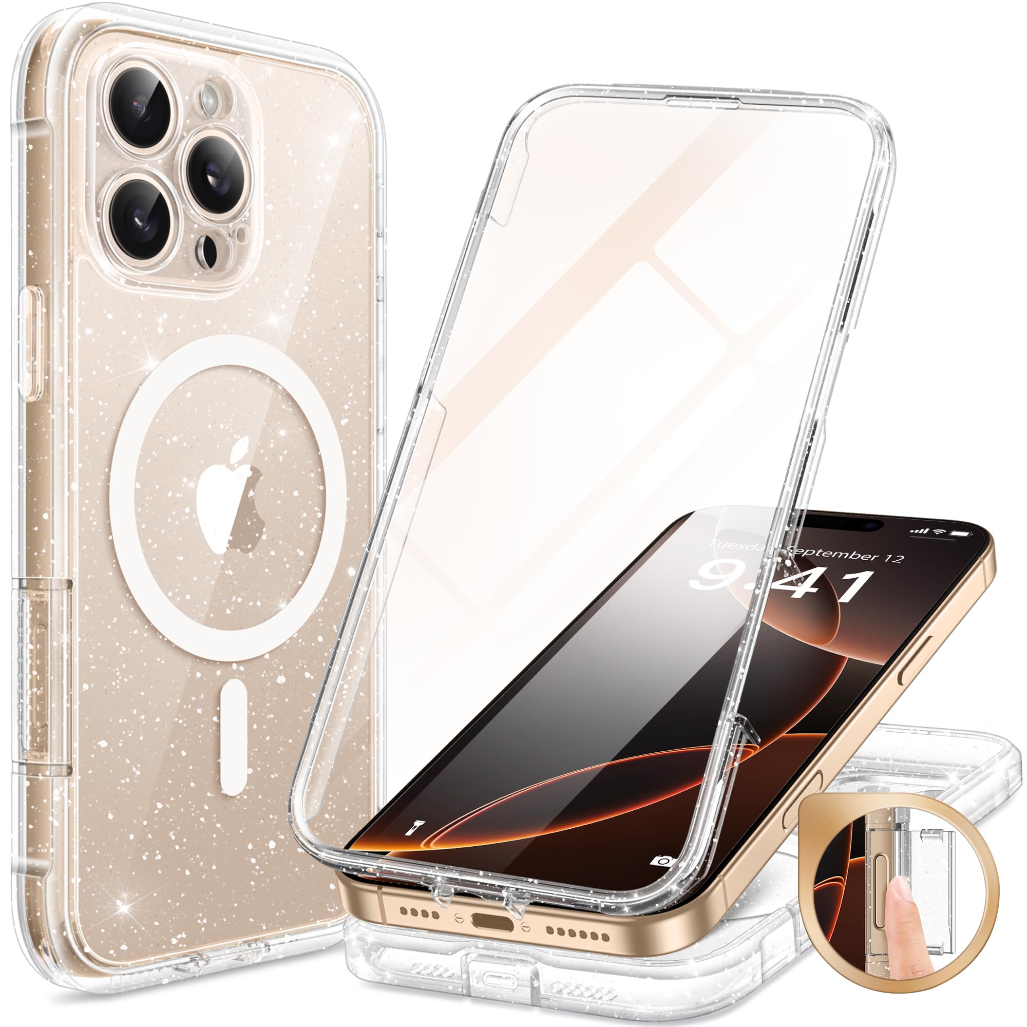 BERFY Magnetic for iPhone 16 Pro Max Case 6.9", [Compatible with Magsafe] Built-in 9H Tempered Glass Screen Protector & Upgraded Camera Protection, Full-Body Phone Case for 16 ProMax, Shiny Clear