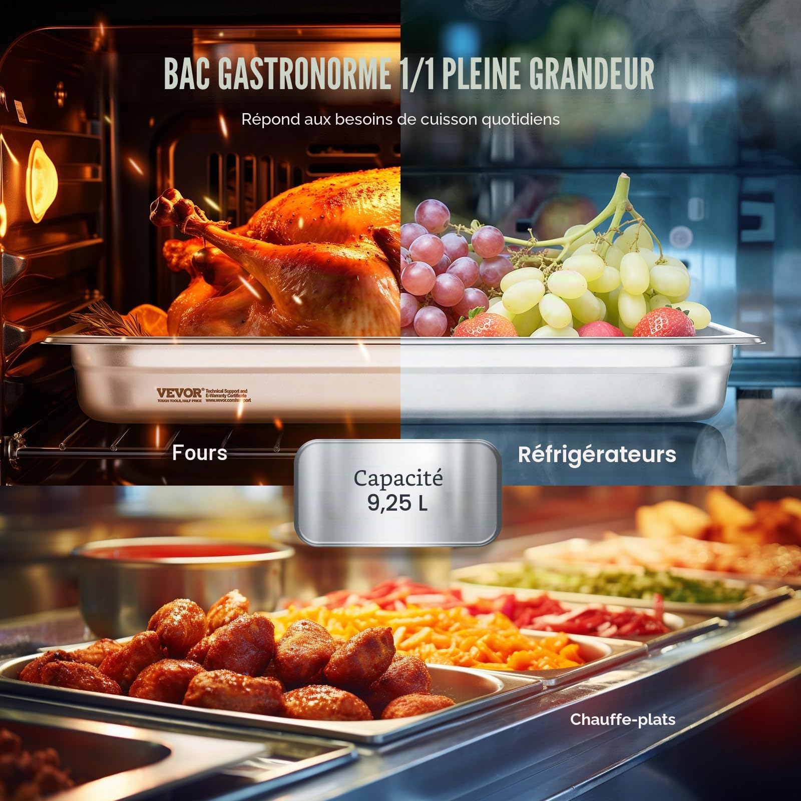VEVOR Bac Gastronorme GN 1/1 Lot de 6, Récipient Inox pour Bain-marie 0,8 mm d'Épaisseur, Bac Inox Alimentaire 6,7 cm Profondeur, pour Fours à Convection, Réfrigérateurs, Stockage, Restauration