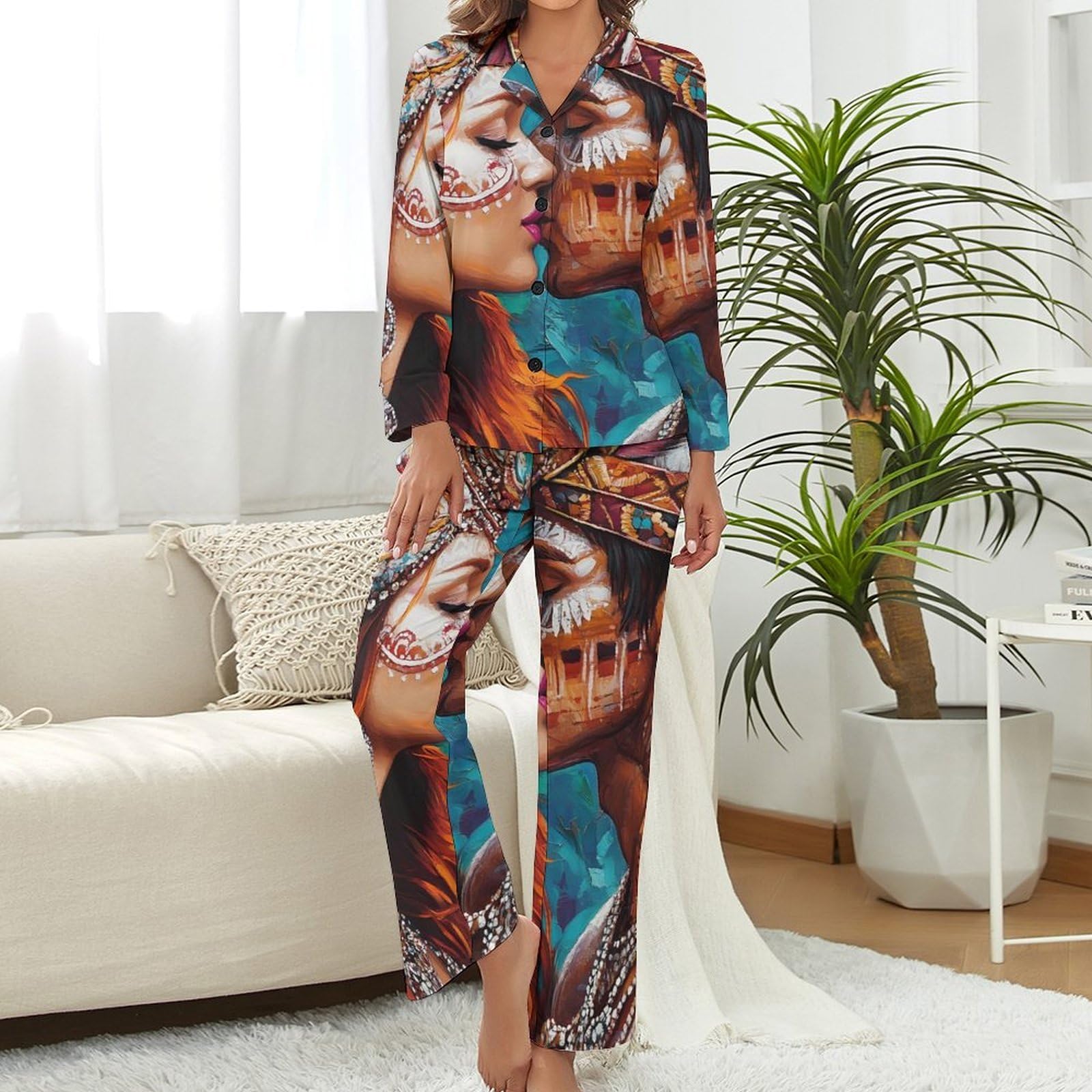 Conjunto de pijama casual para parejas indias para mujer, pijama de manga larga con botones, ropa de dormir