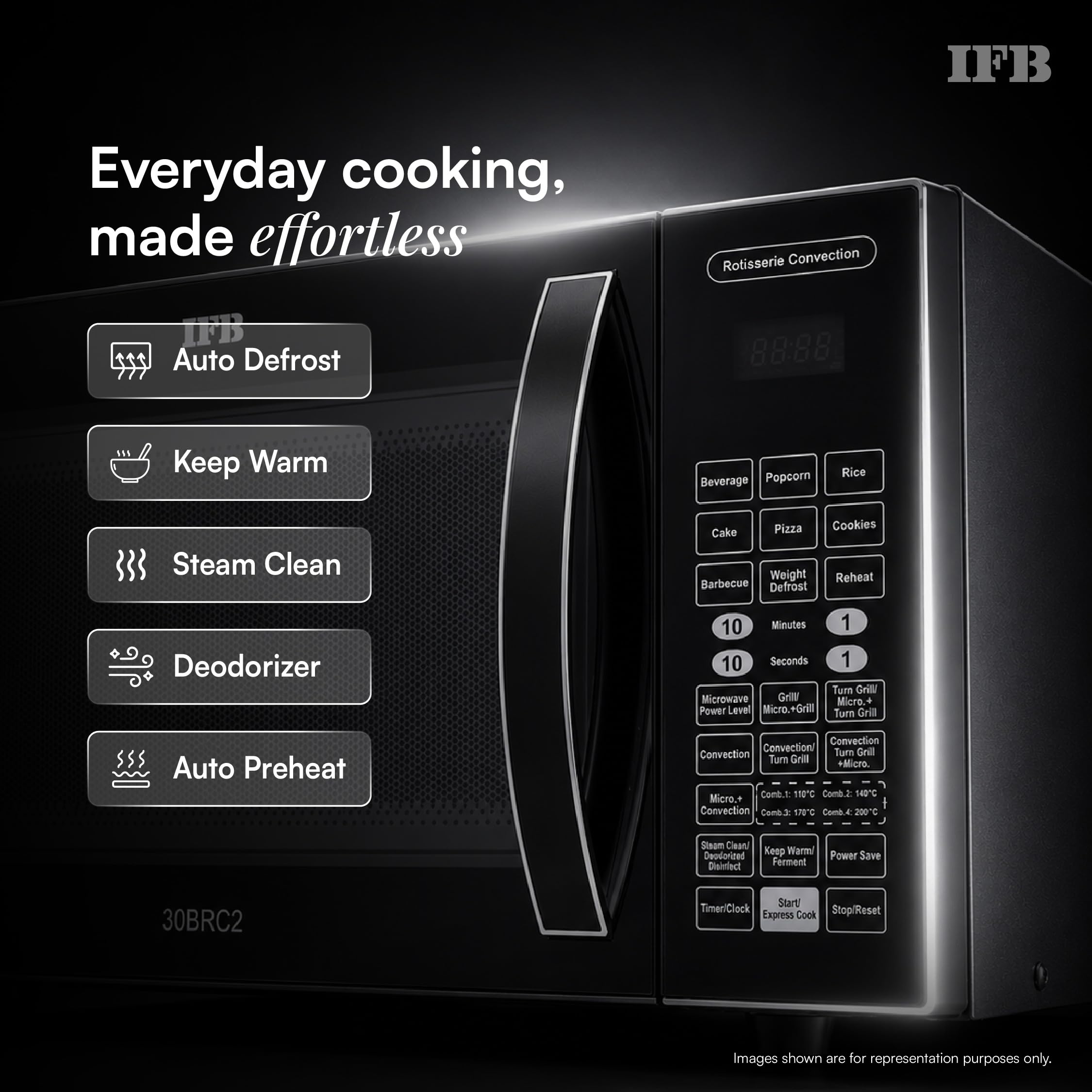 IFB 30L Convection Microwave Oven with 360 Degree Motorized Rotisserie 101 Auto Cook Menus (30BRC2, Black, Auto Defrost, Grill Mode, Combi-Cook Modes, 10 Power Levels) — Amazon image 9