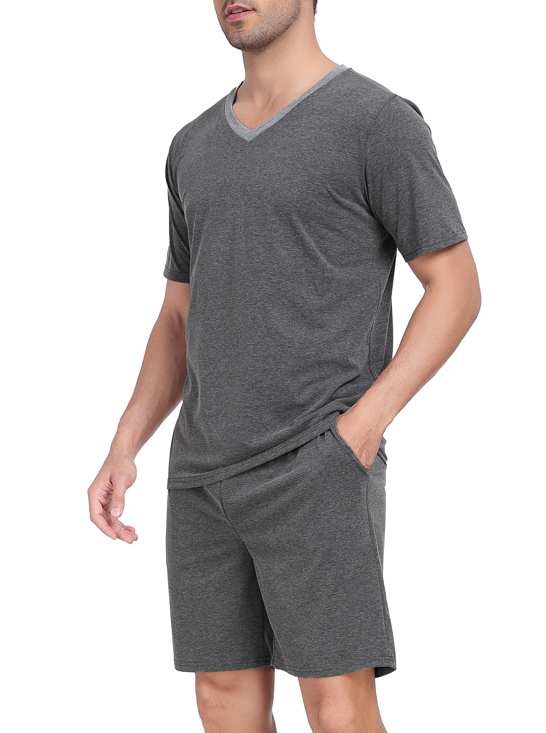 Wikoan Herren Schlafanzug Kurz Pyjama Baumwolle V-Ausschnitt Nachtwäsche Sommer Pyjama Set Kurzarm T-Shirt mit Shorts Zweiteilig Set S-XXL