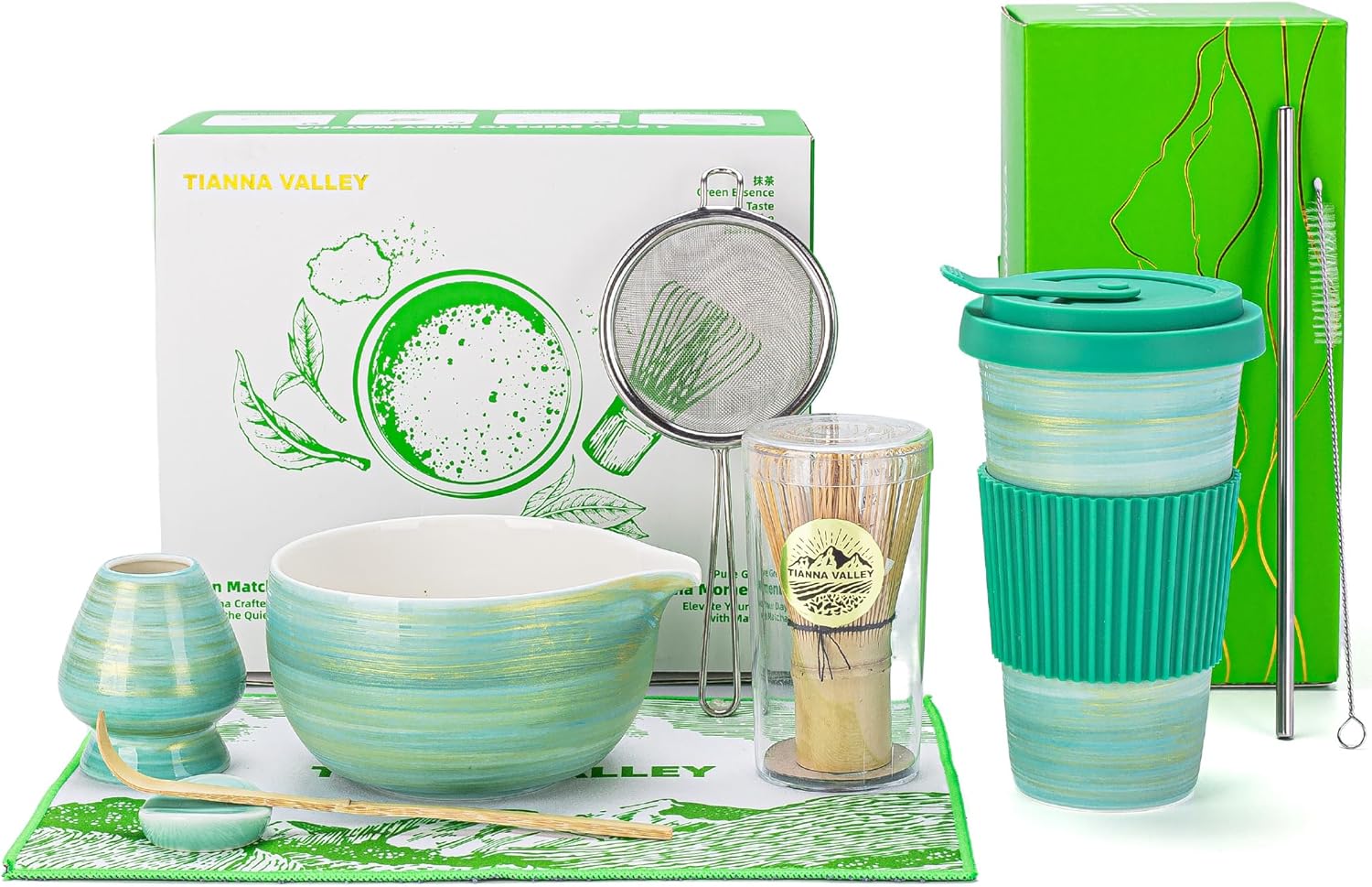 7 Pcs Matcha Whisk Set&Travel Coffee Mug Light Green