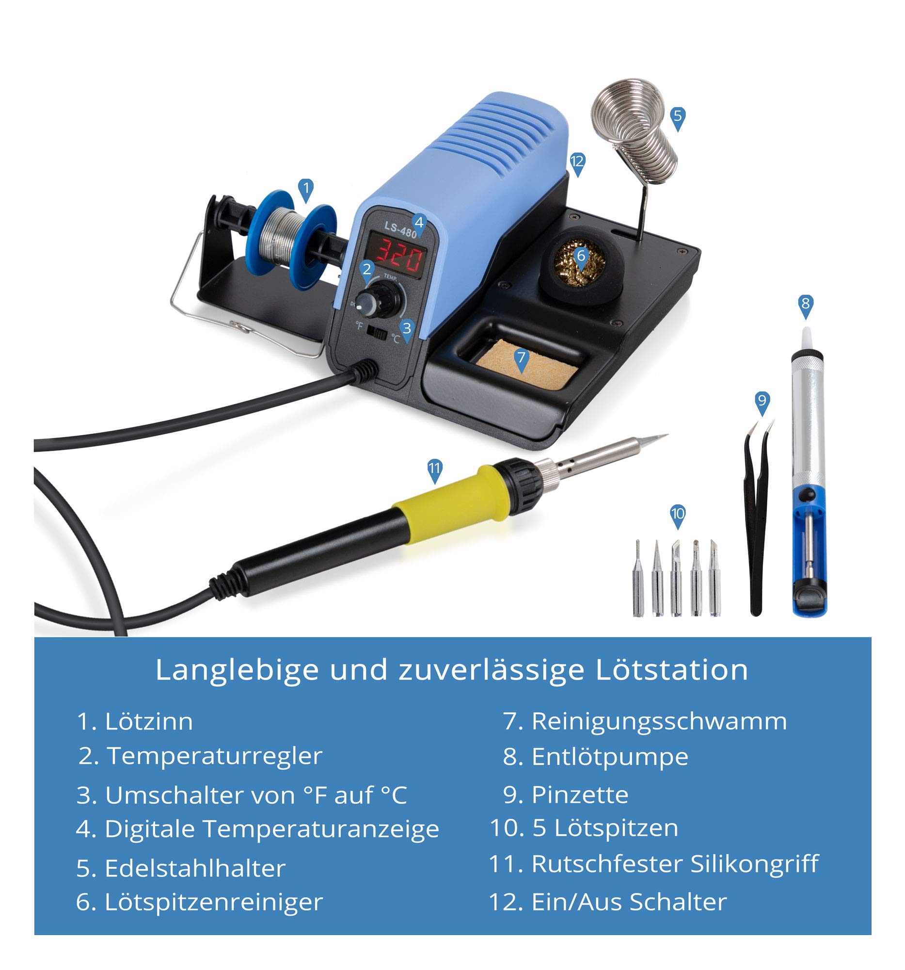 Stagecaptain Lötstation - Lötkolben Set bis 480 °C - extrem kurze Aufheizzeit - Lötzinnhalter - Leistung: 30 W - Entlötpumpe - Feinlötkolben mit Pinzette, 5 Lötspitzen, Lötzinn & Reiniger