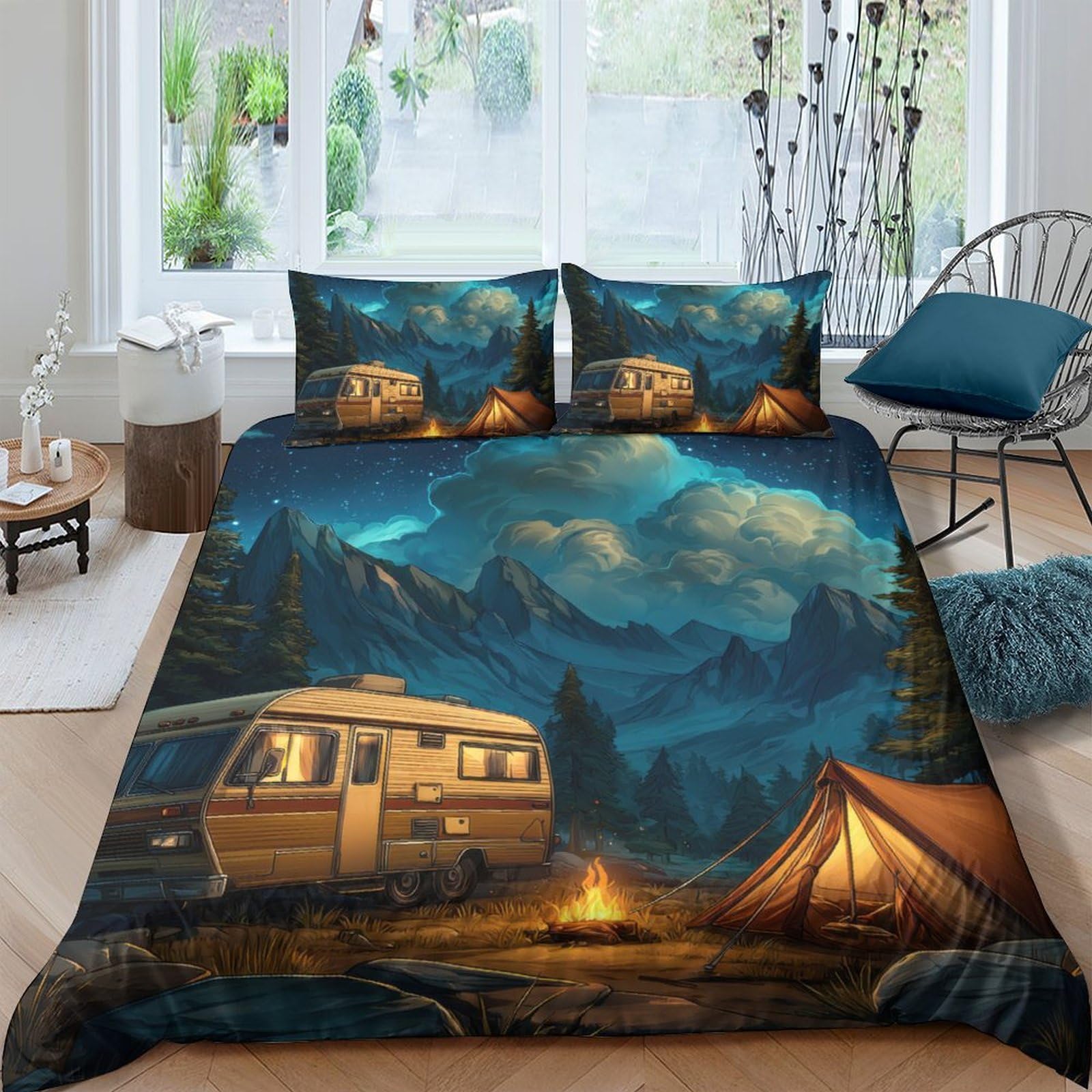 Ctjqhvkz Style-9 3D Printed Mountain Camping Fitted Sheet Microfiber Scenic Rv Tent Bed Cover For Bedroom Guest Room Decor Single（135X200cm）