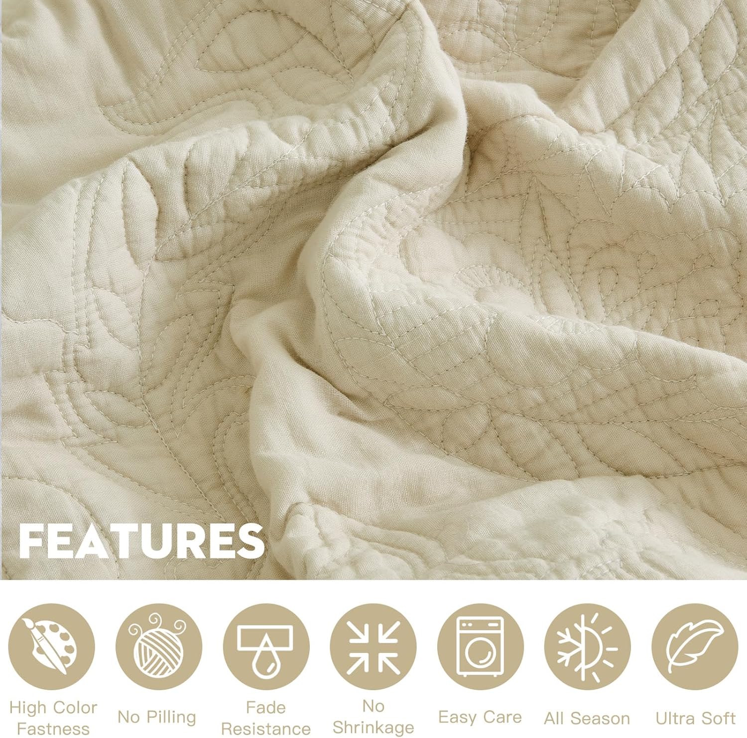 Oversized King Bedspread Cotton 128x120 Extra Wide, Reversible Paisley Pattern Design, Lightweight Bedding Cover, 5 Piece Set, Khaki - Image 5