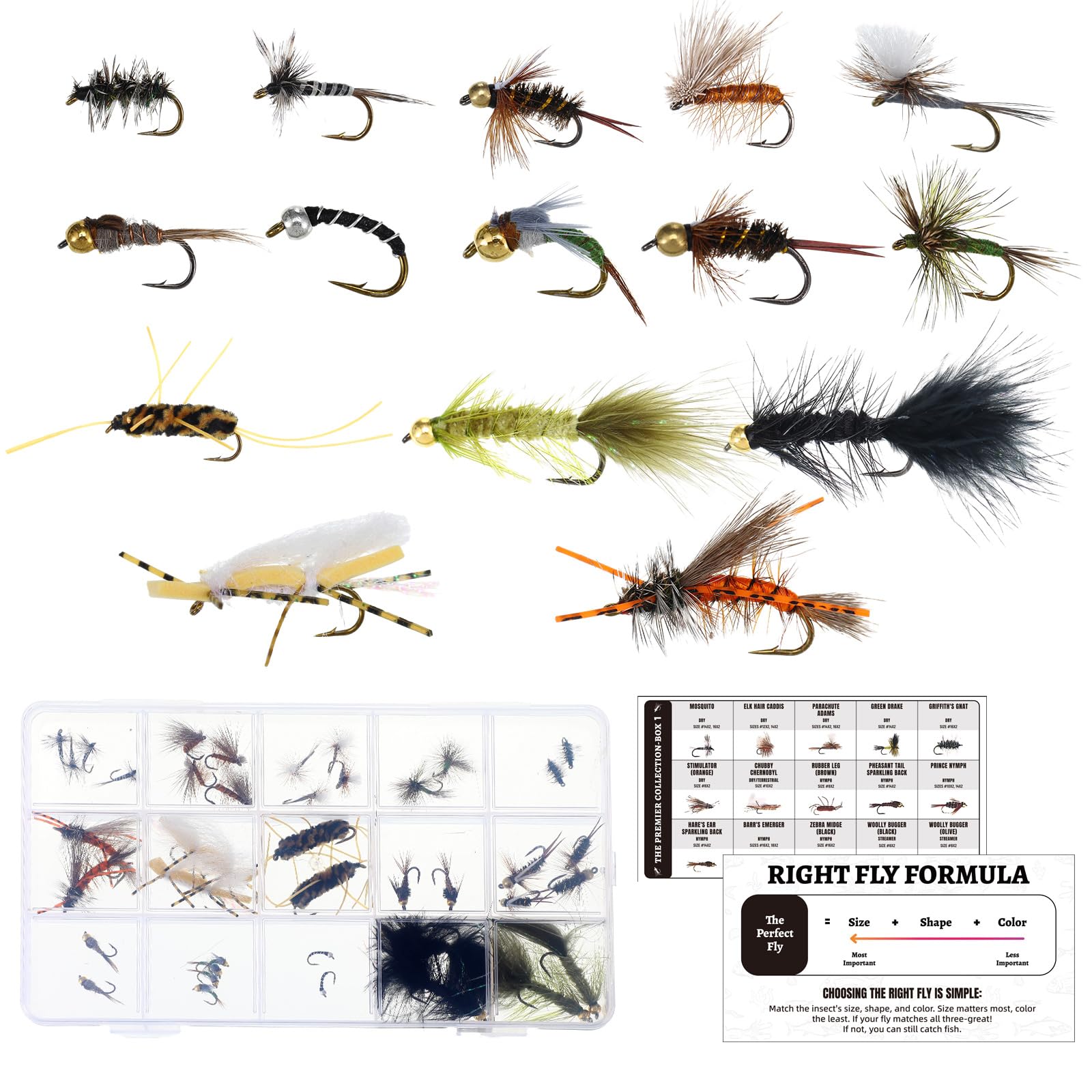 Hand Tied Fly Fishing Flies Assortment with ID Cards 2 Boxes Included Dry, Wet, Streamers, Terrestrials Trout, Bass Lure Set Fly Fishing Accessories Kit Gift