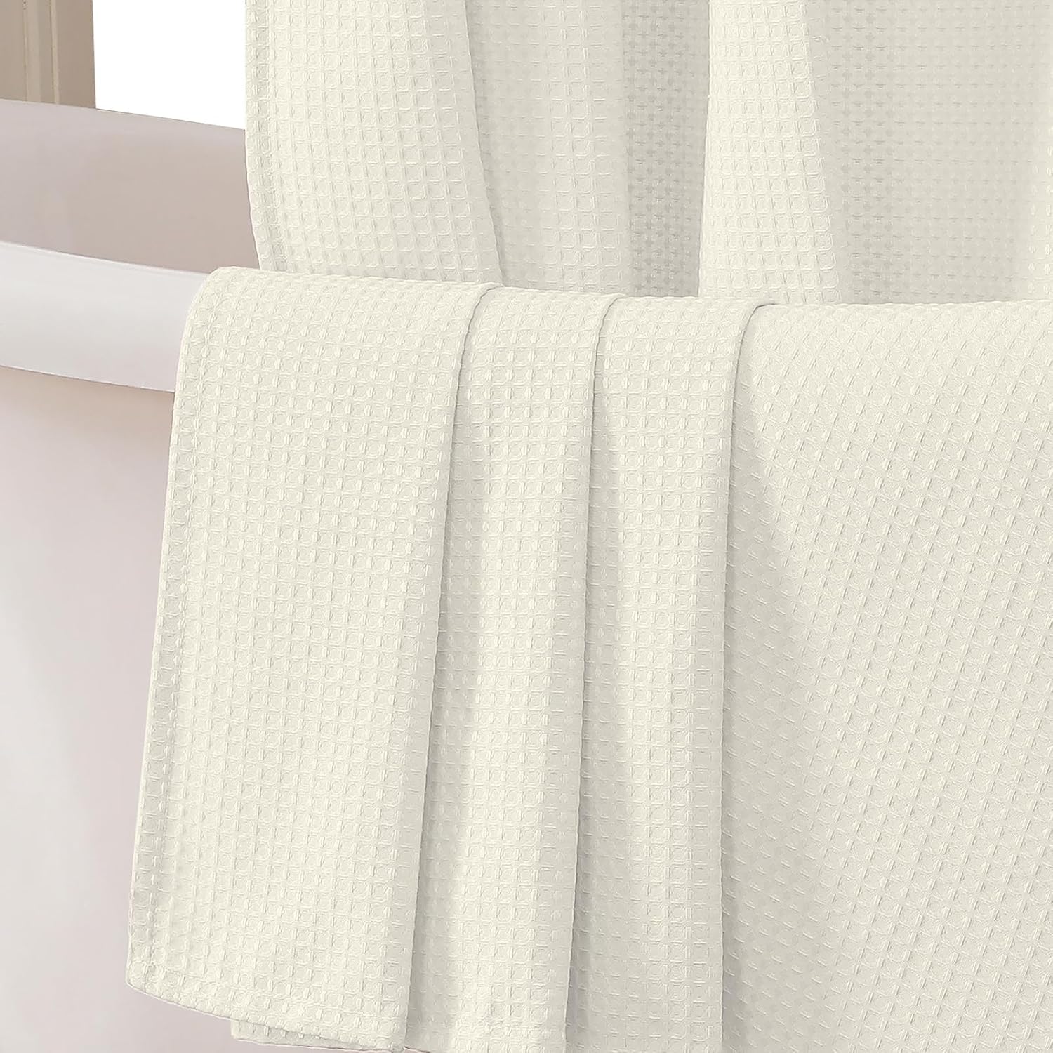 OVZME Cream Shower Curtain Set, Waffle Textured Heavy Duty Fabric Shower Curtain for Bathroom, Luxury Hotel Weighted 230GSM Bath Curtain with 12 Plastic Hooks, Machine Washable, 72x72 72"W x 72"L (Pack of 1) Cream