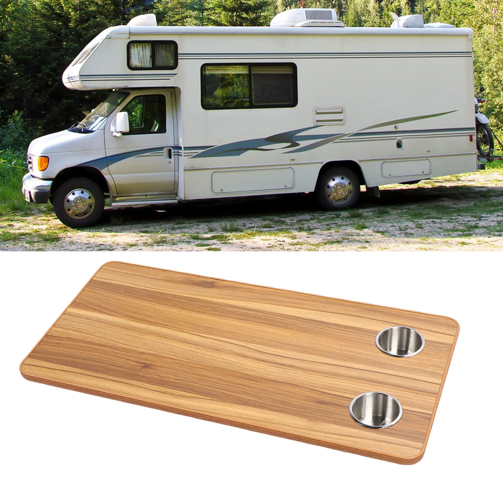 Acouto Ersatz für Wohnmobil-Tischplatte mit 2 Getränkehaltern, 80 X 39 cm, Holz-Bootstisch für Wohnmobile, Wohnmobil-Tischplatte, Arine-, (Brauner Holzstreifen)