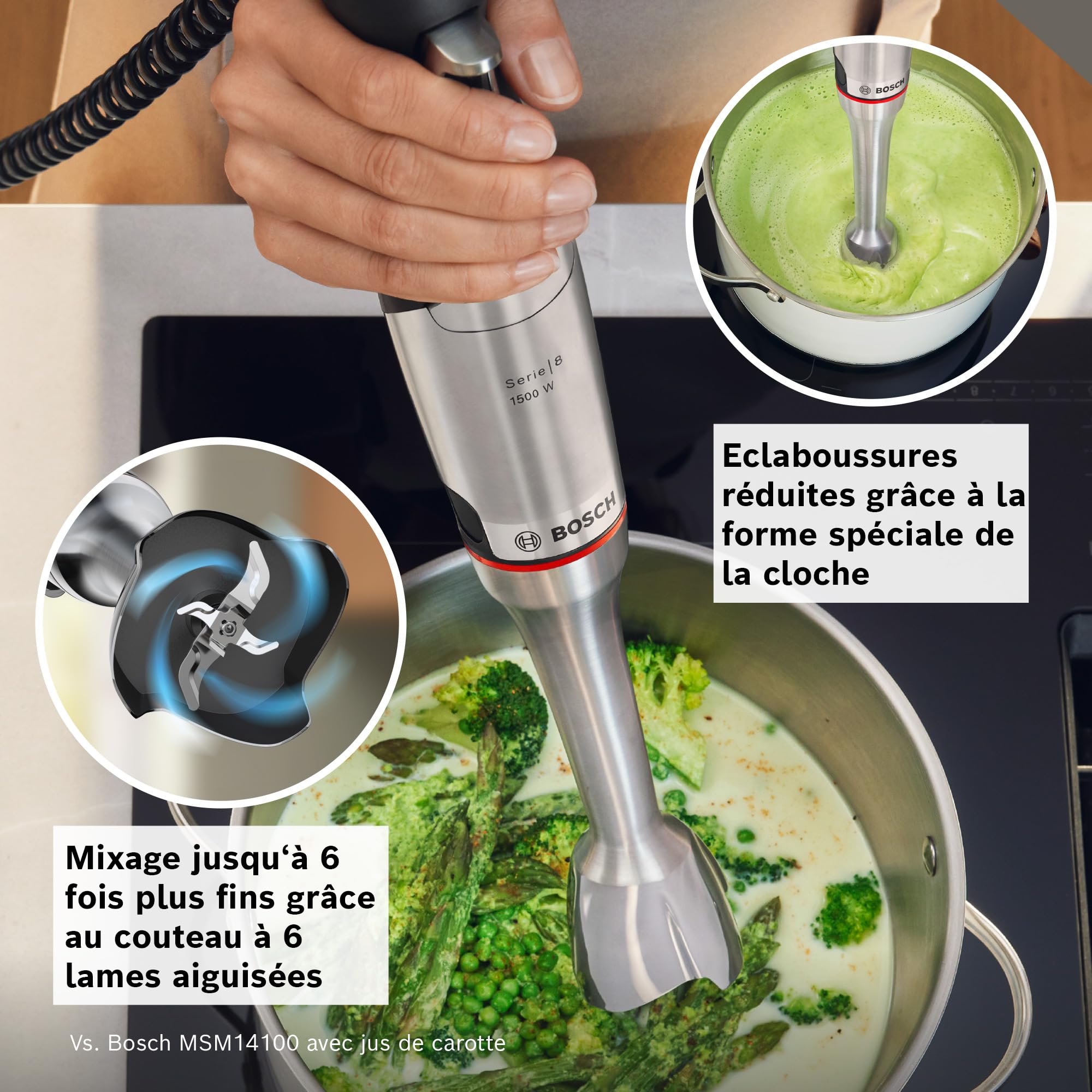 Bosch - Frullatore a mano, serie ErgoMaster 8, motore da 1500 watt, regolazione intuitiva della velocità, lama a 6 fogli, accessori inclusi, acciaio inossidabile, MSM8M934