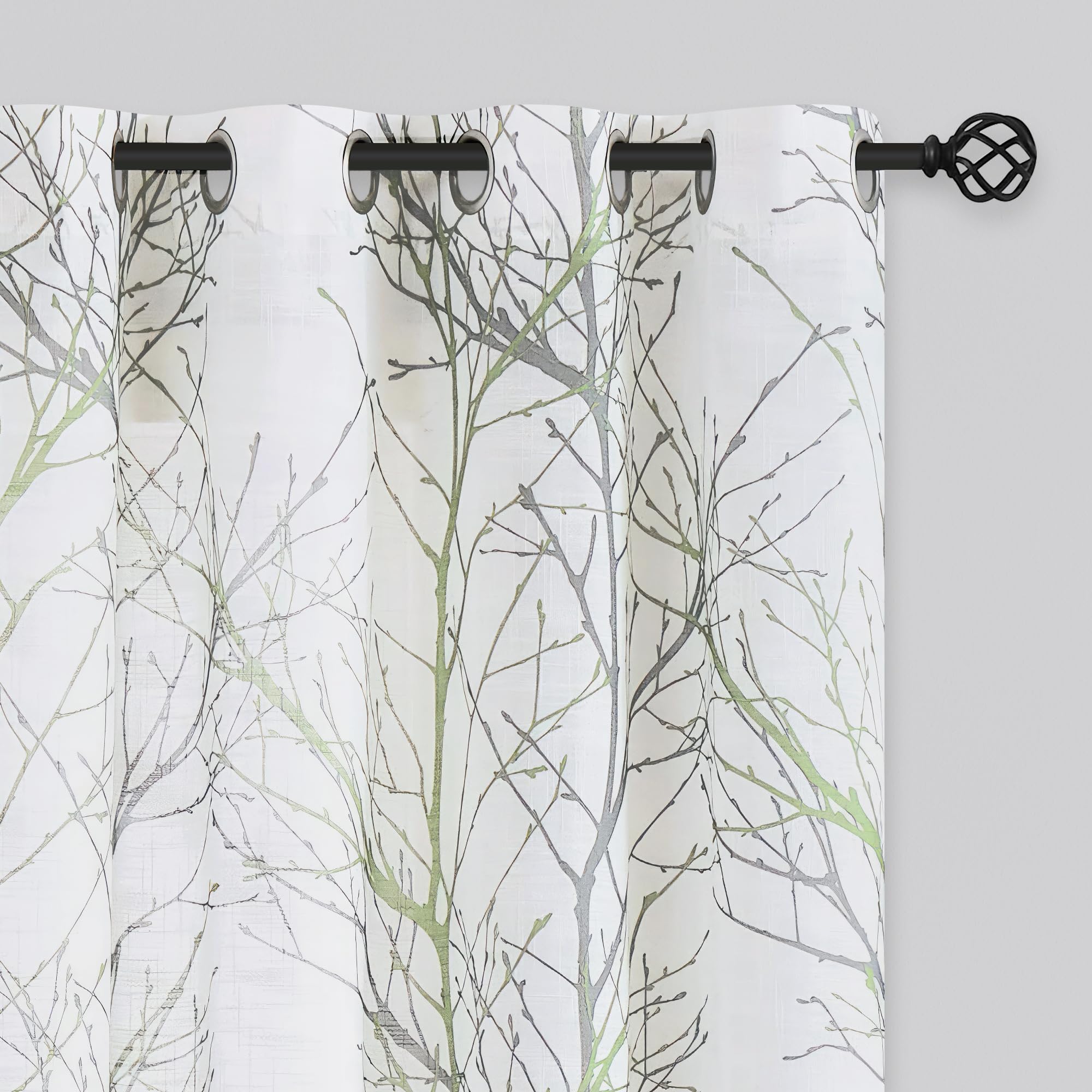 FMFUNCTEX Linen Semi Sheer Curtains for Bedroom, Sage Green White Curtains 72 Inches Long for Living Room, Grey Tree Branch PPrint Curtain Light