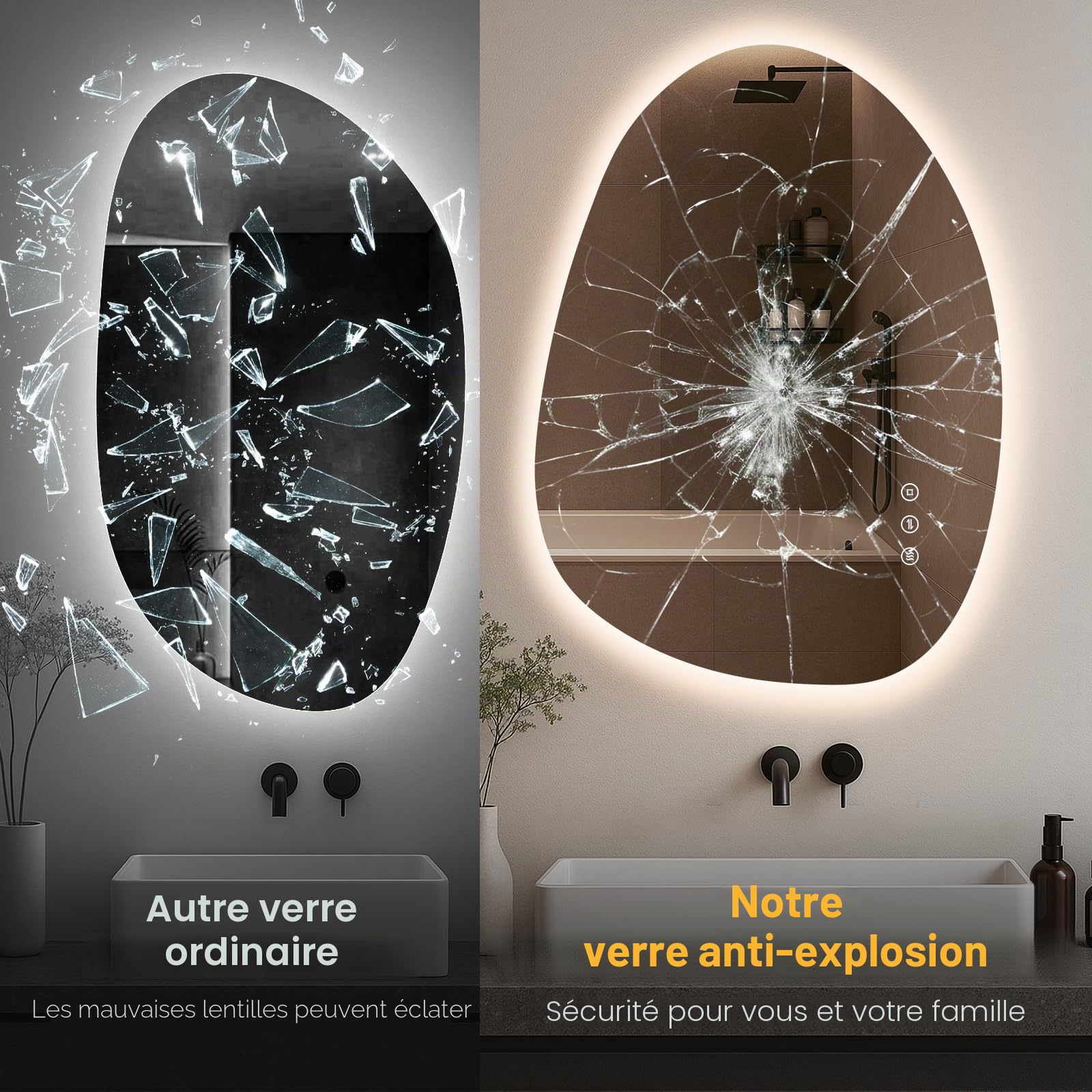 Miroir de salle de bain LED asymétrique avec éclairage 75 x 55 cm, anti-buée, 3 couleurs de lumière, réglable, avec éclairage, intensité variable, avec fonction mémoire, économie d'énergie