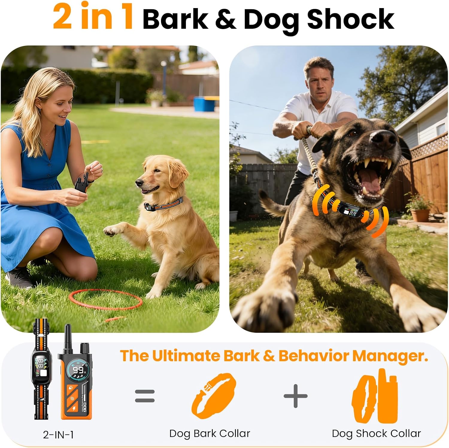 2 in 1 Dog Bark and Shock Collar - 4500FT Bark Collar with Remote Control, Anti Bark and 3 Training Modes (Tone, Vibration, Safe Shock, IP67 Waterproof, Portable Training Collar for 5-120lbs Dogs
