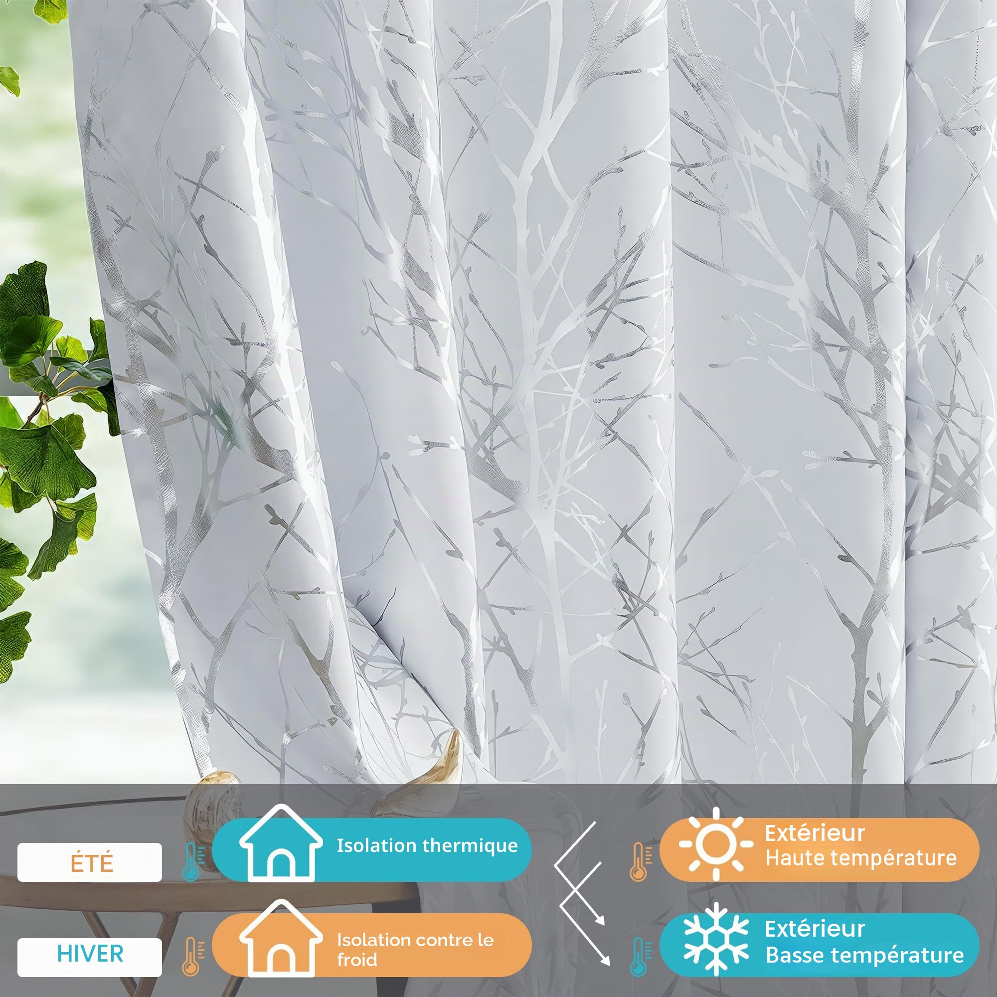 Fmfunctex Lot de 2 rideaux occultants blancs à motif de branche d'arbre argenté pour salon, chambre à coucher, chambre à coucher, rideaux de fenêtre occultants à isolation thermique avec œillets pour