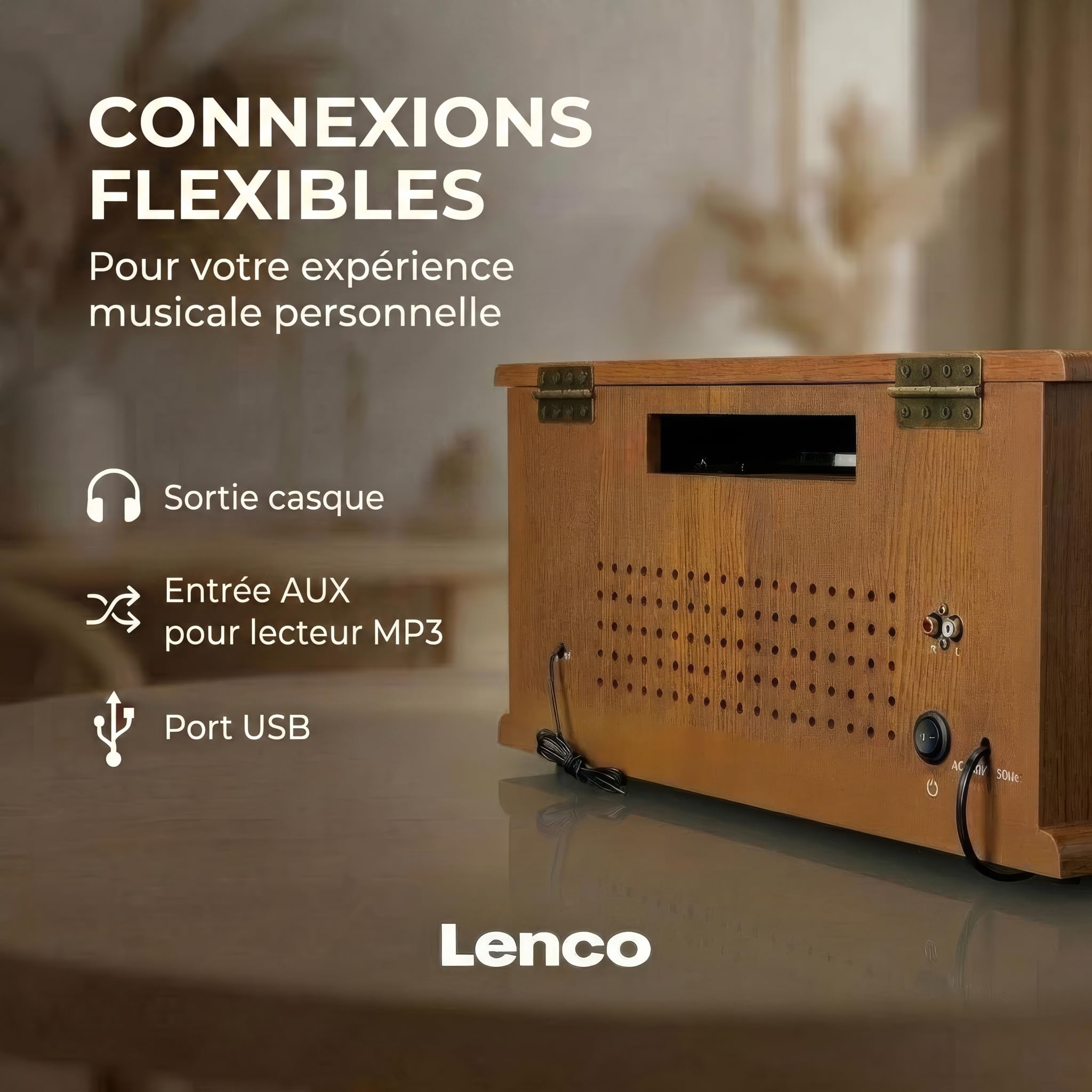 Lenco TCD-2571 Platine Vinyle, Tourne Disque Vinyle, Platine Vinyle Bluetooth - Haut-Parleur - Radio Dab+ - Lecteur CD - Platine Cassette - 3 Vitesses - Entraînement par Courroie - 2 x 5 Watt - Bois