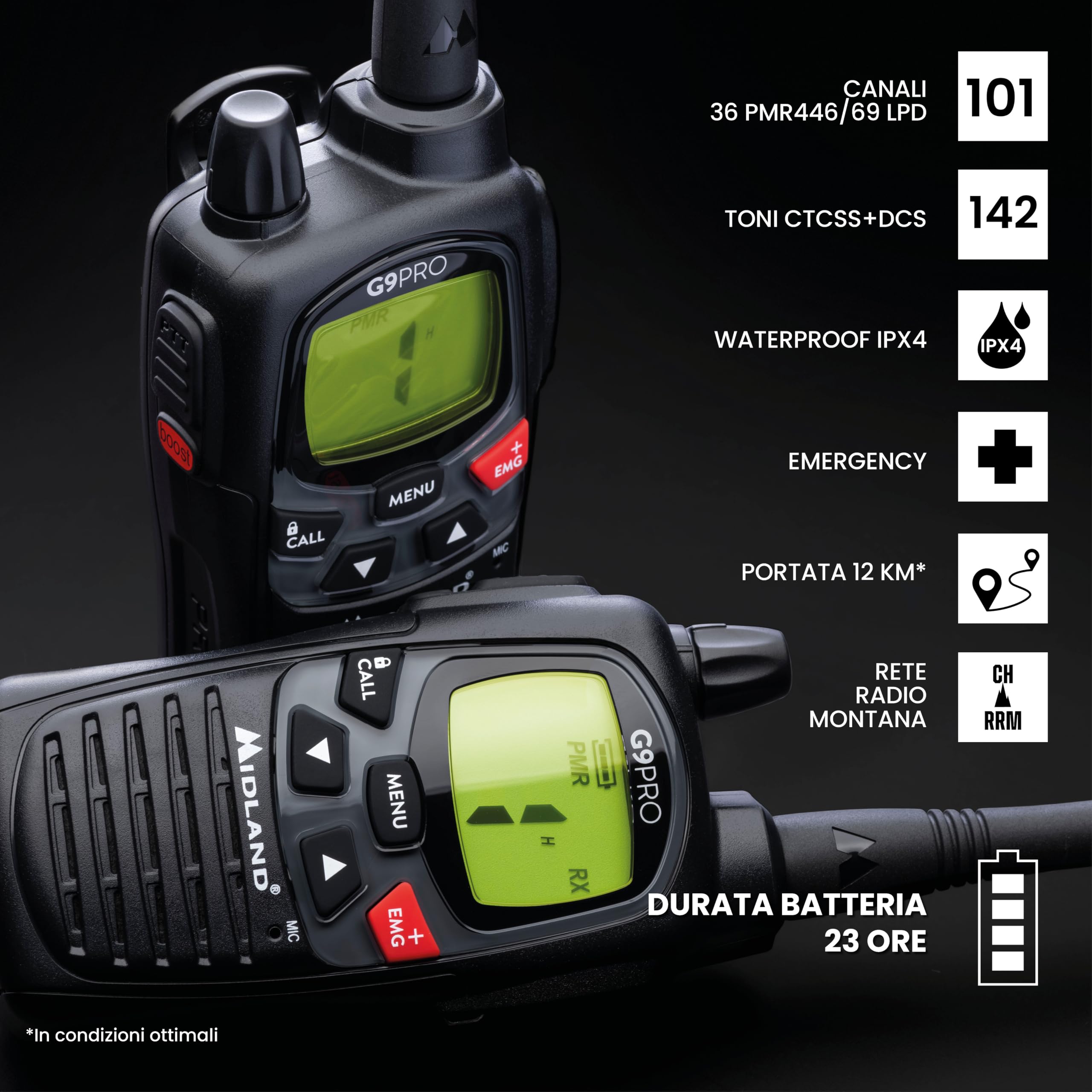 Midland - Walkie Talkie G9 PRO, Ricetrasmittenti Professionali IPX4 Waterproof per Softair e Outdoor, 101 Canali - 32 PMR446/69 LPD, Copertura 12Km, Autonomia 23H, 4 Batterie Ricaricabili e Accessori