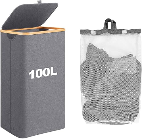 Cesta de lavandería de 100 litros con tapa, cesta grande plegable para ropa, impermeable, con asas y bolsa extraíble para ropa, juguetes, toallas en