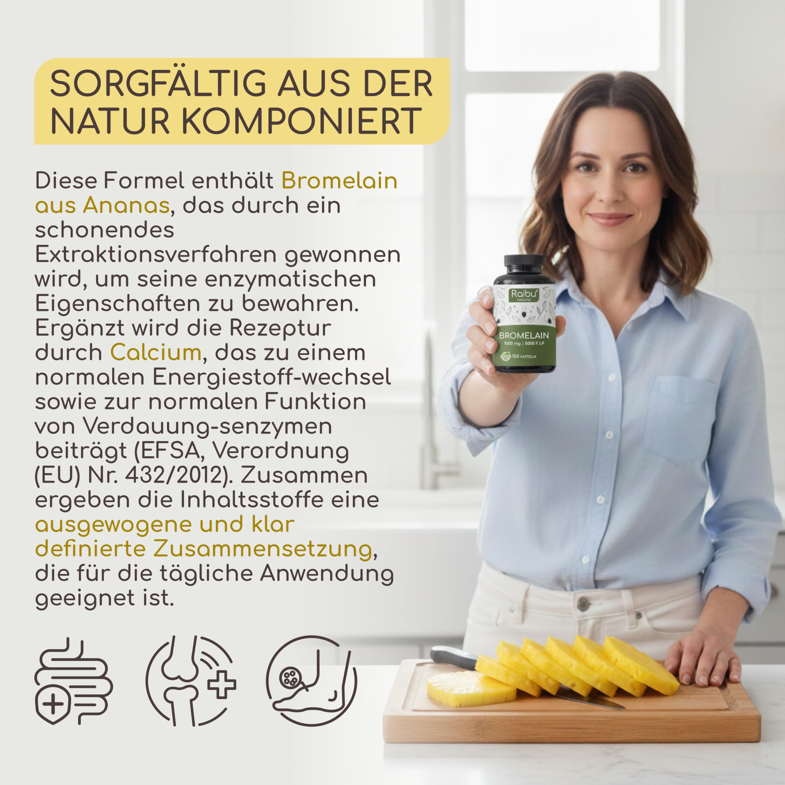 Bromelain Hochdosiert, 1000 mg (2500 GDU) pro Tag - 150 magensaftresistente Kapseln - Natürlicher Ananas Extrakt - In Deutschland produziert, laborgeprüft und vegan