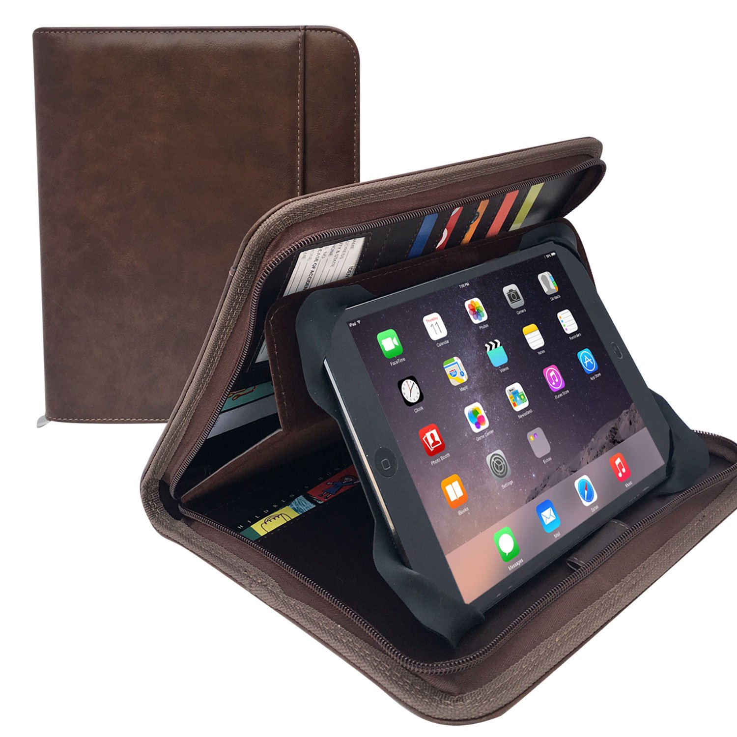 MSP Brown Organizer Padfolio with 8" Tablet Sleeve and Zipper Closure, Multiple Slots- PU Leather Bible Holder