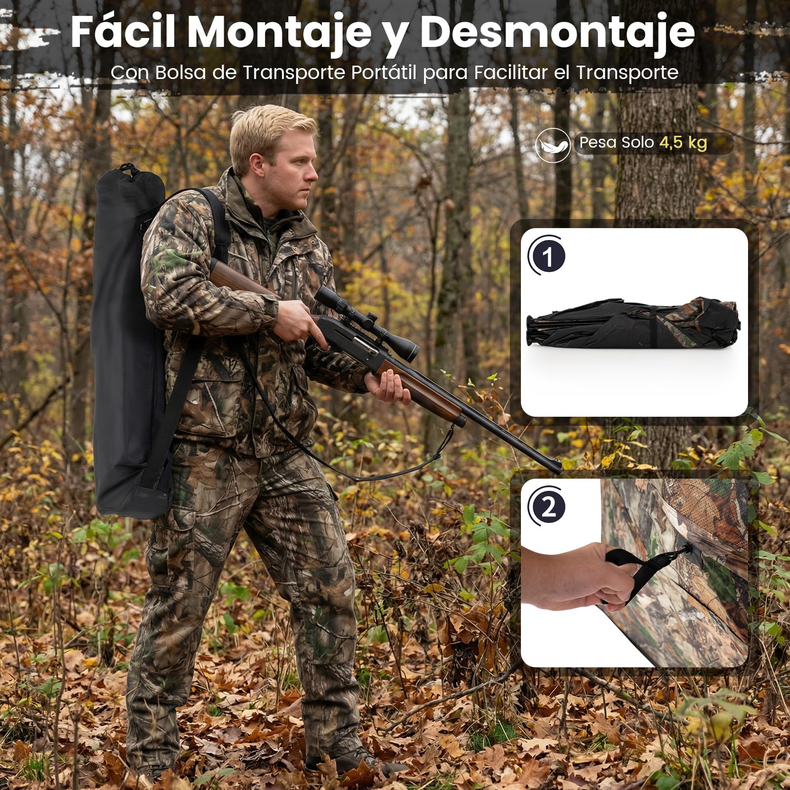 COSTWAY Persiana de Caza Portátil, Transparente de 360°, Puesto de Caza Plegable para 1-3 Personas, Tejido Oxford Resistente, Bolsa de Transporte, Camuflaje, 240 x 120 x 120 cm