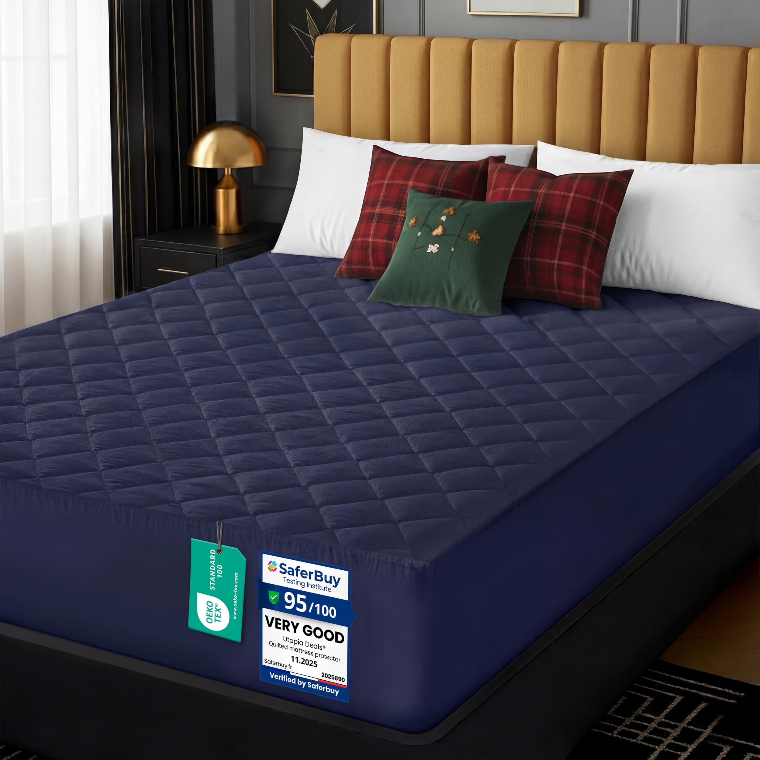 Utopia Bedding Quilted Mattress Protector, Breathable Mattress Pad, Deep Fitted Cover (Navy Blue, King - 150 x 200 + 38 cm)