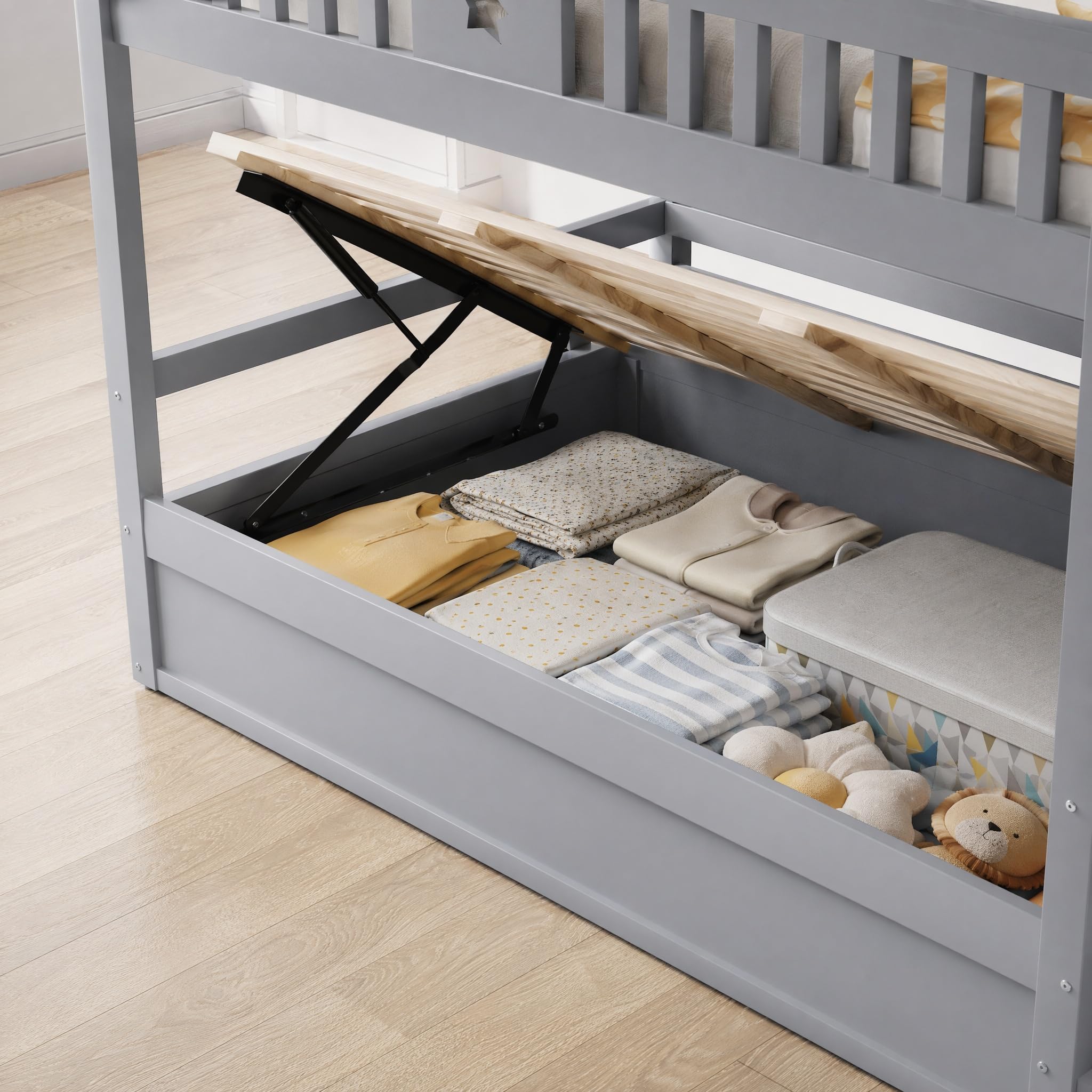 Su & Chan Legence Etagenbett 90x200cm mit hydraulischem Unterbett, Kinderbett mit Stauraumtreppe und Regalen, Holzbett mit Rausfallschutz für 2 Kinder, Grau