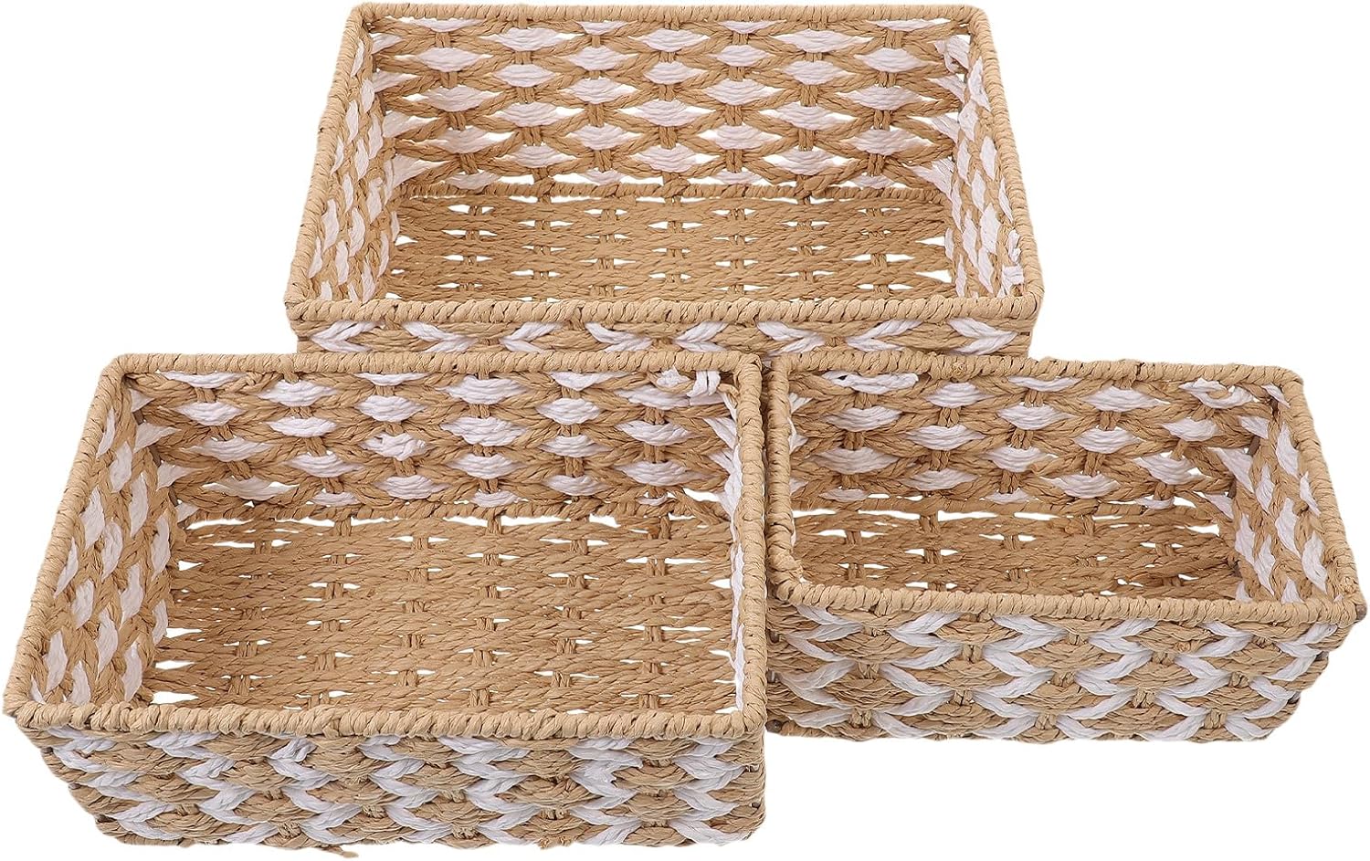 Woven Organizer Basket Set of 3 with Paper Rope Material, Rectangular Storage Bins for Bedroom and Living Room, Decorative Sundries Organizer for Home Storage