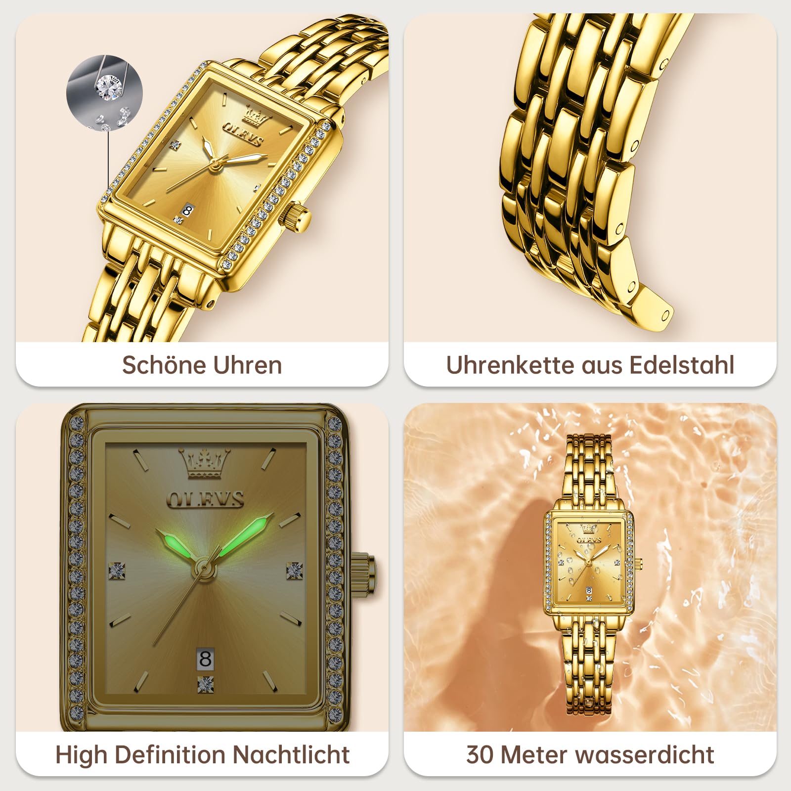 OLEVS Reloj Mujer, Rectangular Acero Inoxidable Analógico de Cuarzo Mujer de Reloj, Clásico Diamantes con Fecha Relojes, Pulsera Esfera Grande