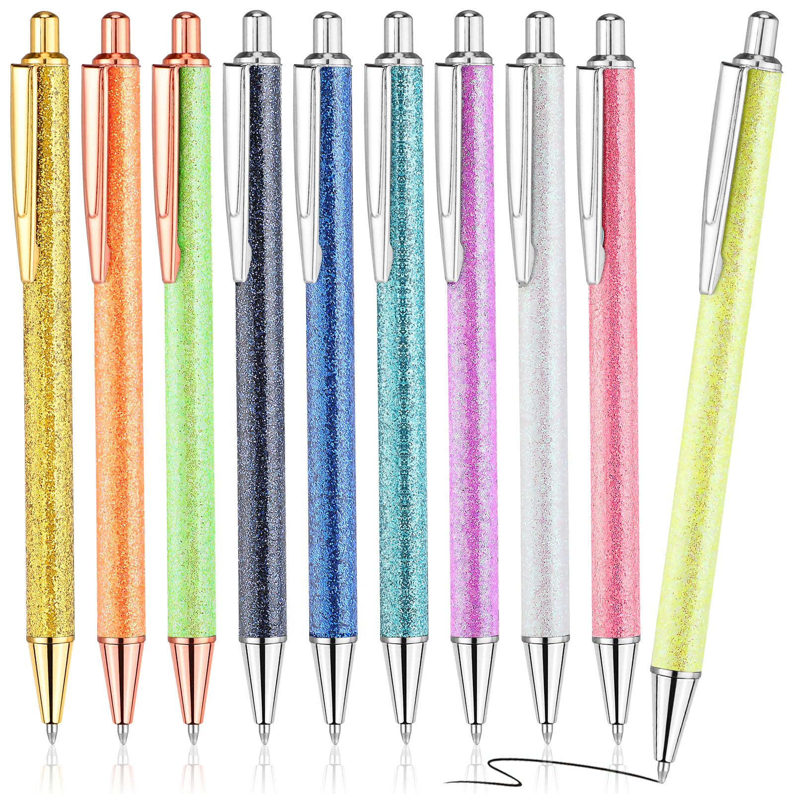 Wincredulous 10pcs Glitter Pen,Colorful Sparkly Retractable Ballpoint Pen with Metal Clips,Bling Gift Shiny Pen Set for Women,Black Ink,Office School Teacher BirthdayWedding Gifts