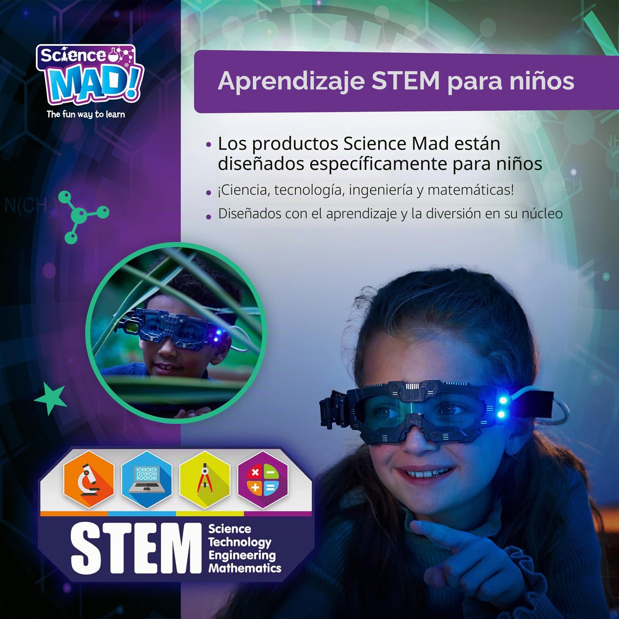 Science Mad! Gafas de visión Nocturna para niños, para misiones nocturnas Divertidas, Ligeras, abatibles, Aumento 2X, Haces LED Dobles, Lentes Azules, más de 6 años, 20 x 10 x 5,5 cm (SM55), Color