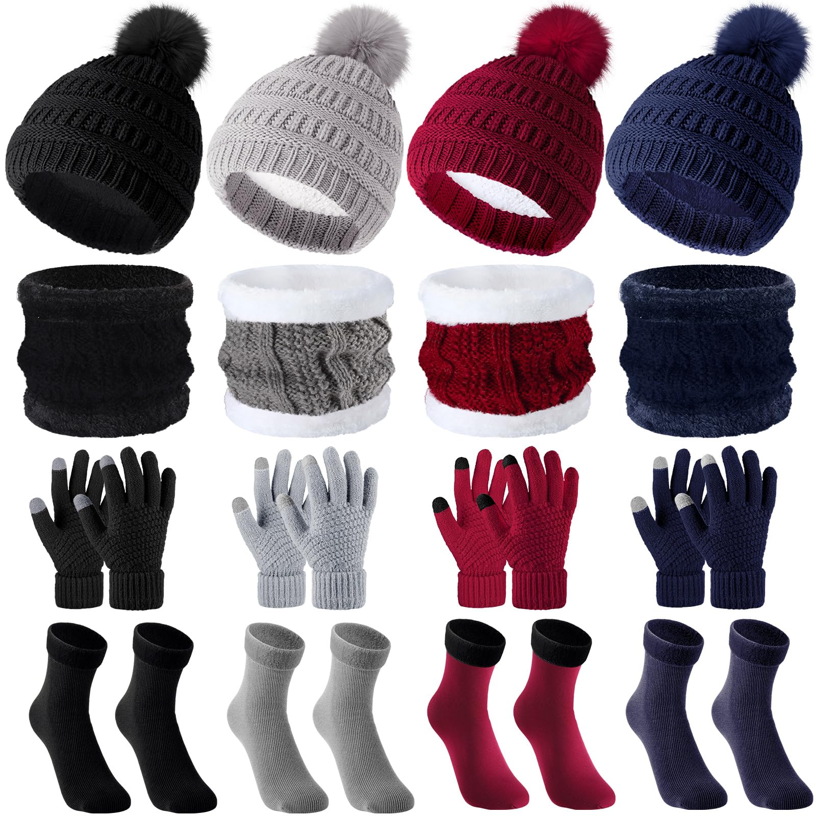 Neer16 Pcs Winter Warm Hat Scarf Gloves Sock Set Knit Beanie Hat Touchscreen Gloves Neck Warmer Scarf for Women Men