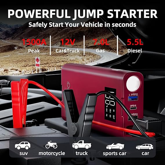 IDEAPLAY Jump Starter, 1500A Car Battery Jump Starter Portable for Up to 7.0L Gas and 5.5L Diesel Engine,Type C Fast Charging Battery Jumper with LED Flashlight