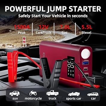 IDEAPLAY Jump Starter, 1500A Car Battery Jump Starter Portable for Up to 7.0L Gas and 5.5L Diesel Engine,Type C Fast Charging Battery Jumper with LED Flashlight