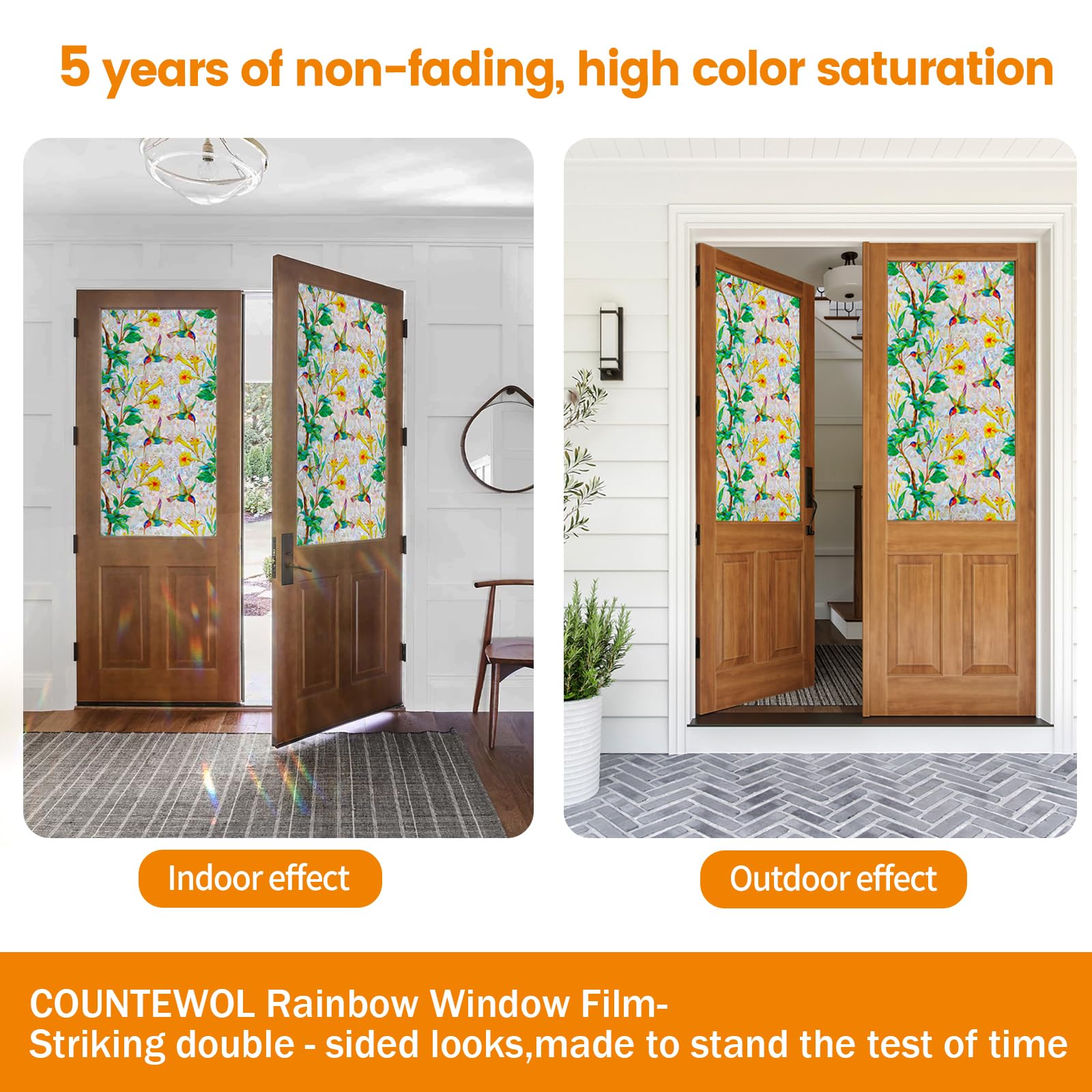 COUNTEWOL Bunte Sichtschutzfolie mit Vogel- und Blumenmuster, Buntglas-Fensterfolie, Regenbogen-Fensterfolie, nicht klebend, wiederverwendbar, dekorativ für Zimmer, Kolibriblüte, 44,5 x 499,8 cm