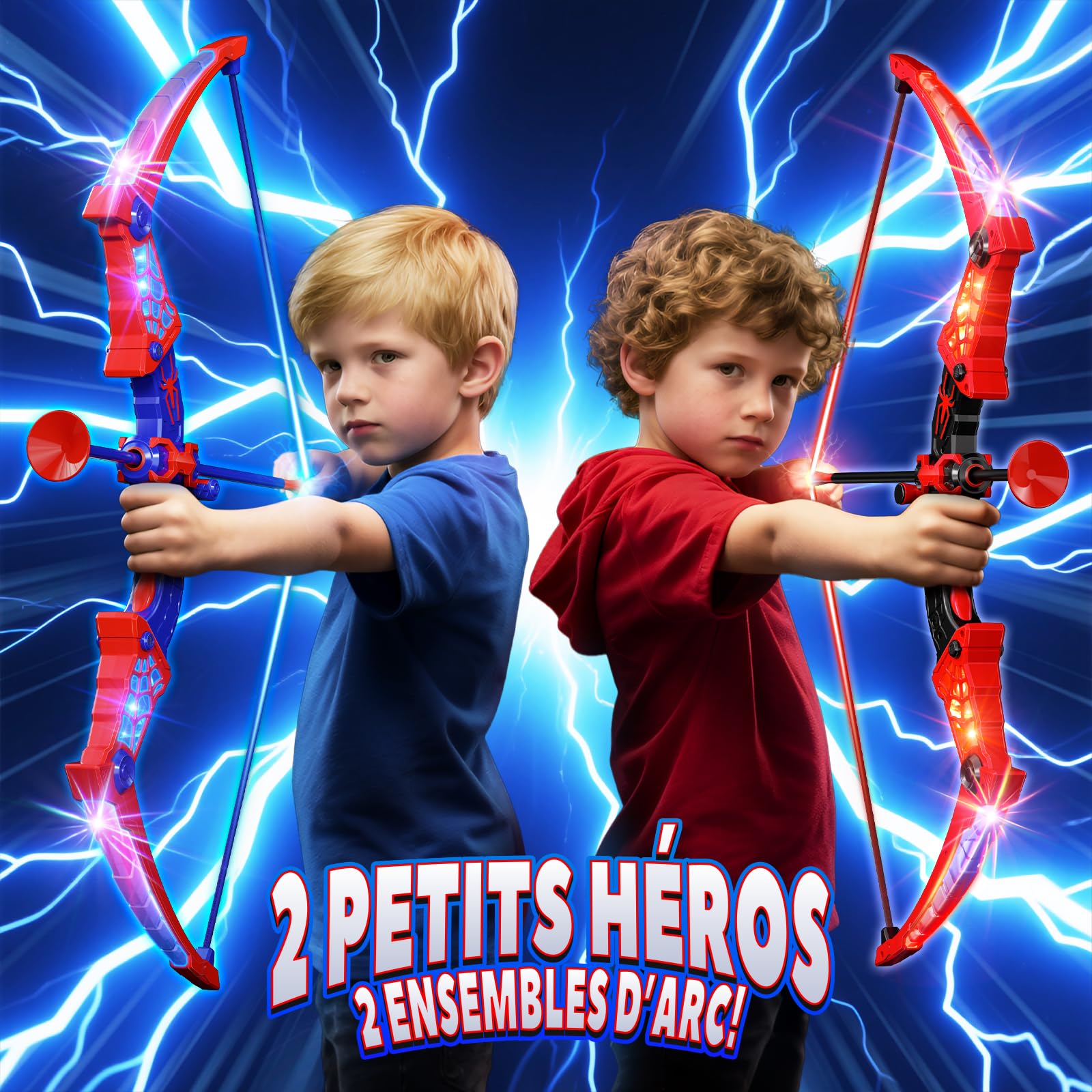 Kidluna Lot de 2 ArcFlèche avec LED Rouge Bleu, Cible Araignée sur Pied & Carquois Araignée Jouet Cadeau Garçon 3 4 5 6 7 8 9 10 11 12 Ans, Jouet Jeux Cadeau Enfant 3-12 Ans Garçon Fille
