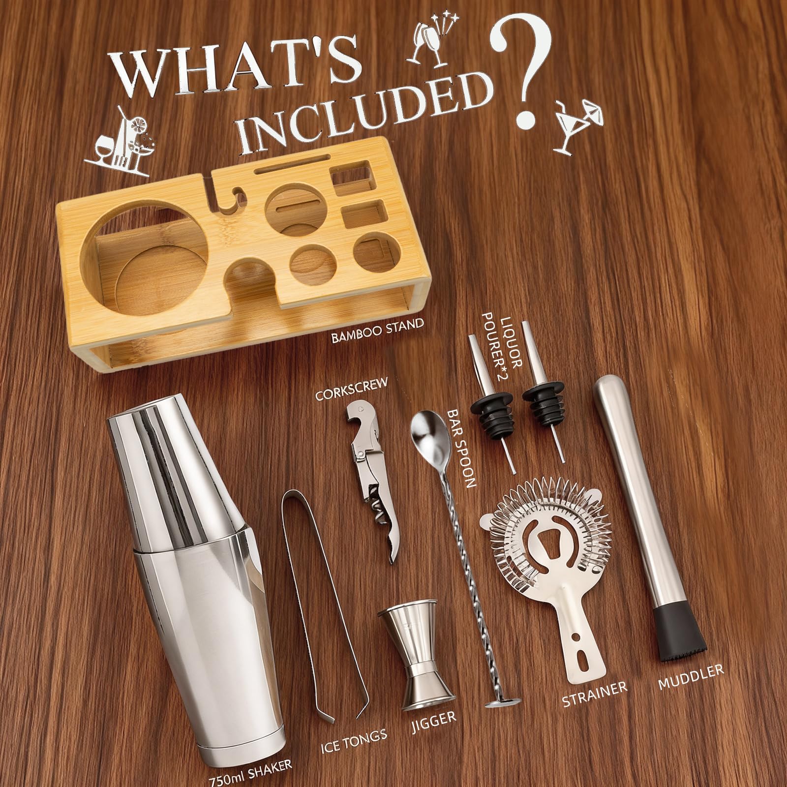 Set per shaker da cocktail, set regalo per cocktail, shaker Boston premium, set regalo 16 pezzi con pestello, apribottiglie, accessori da bar per shaker da cocktail per uomo e donna