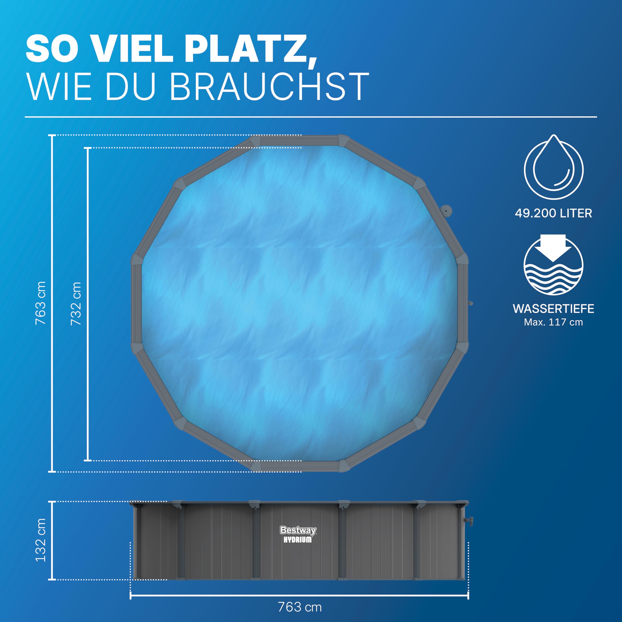 Bestway Hydrium Stahlwandpool Komplett-Set rund 732 x 132 cm Holz-Optik Grau XXL Gartenpool mit Sandfilteranlage