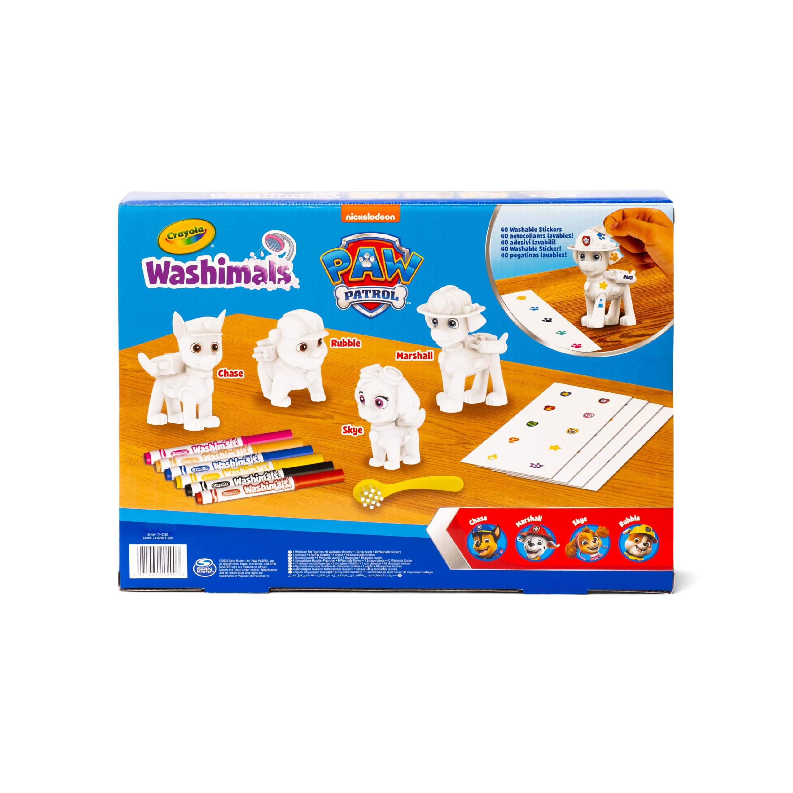 CRAYOLA - Washimals Pat' Patrouille, Kit Activité avec 4 bébés Animaux, 6 Feutres Lavables, 40 Autocollants et Brosse, Jeu et Cadeau pour Enfants, à partir de 3 Ans, 74-0290