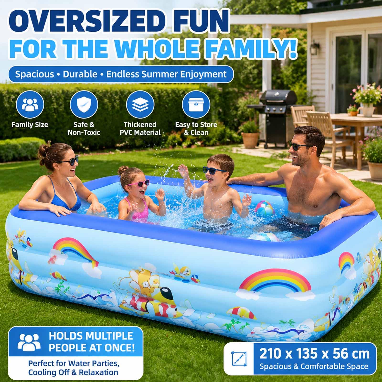 Grande piscina gonfiabile per adulti, 210x135x56 cm, piscina gonfiabile | Piscina Gonfiabile in PVC con Pompa, Sovradimensionata, Rinforzata e Resistente, per Esterno, Giardino, Cortile, Spiaggia