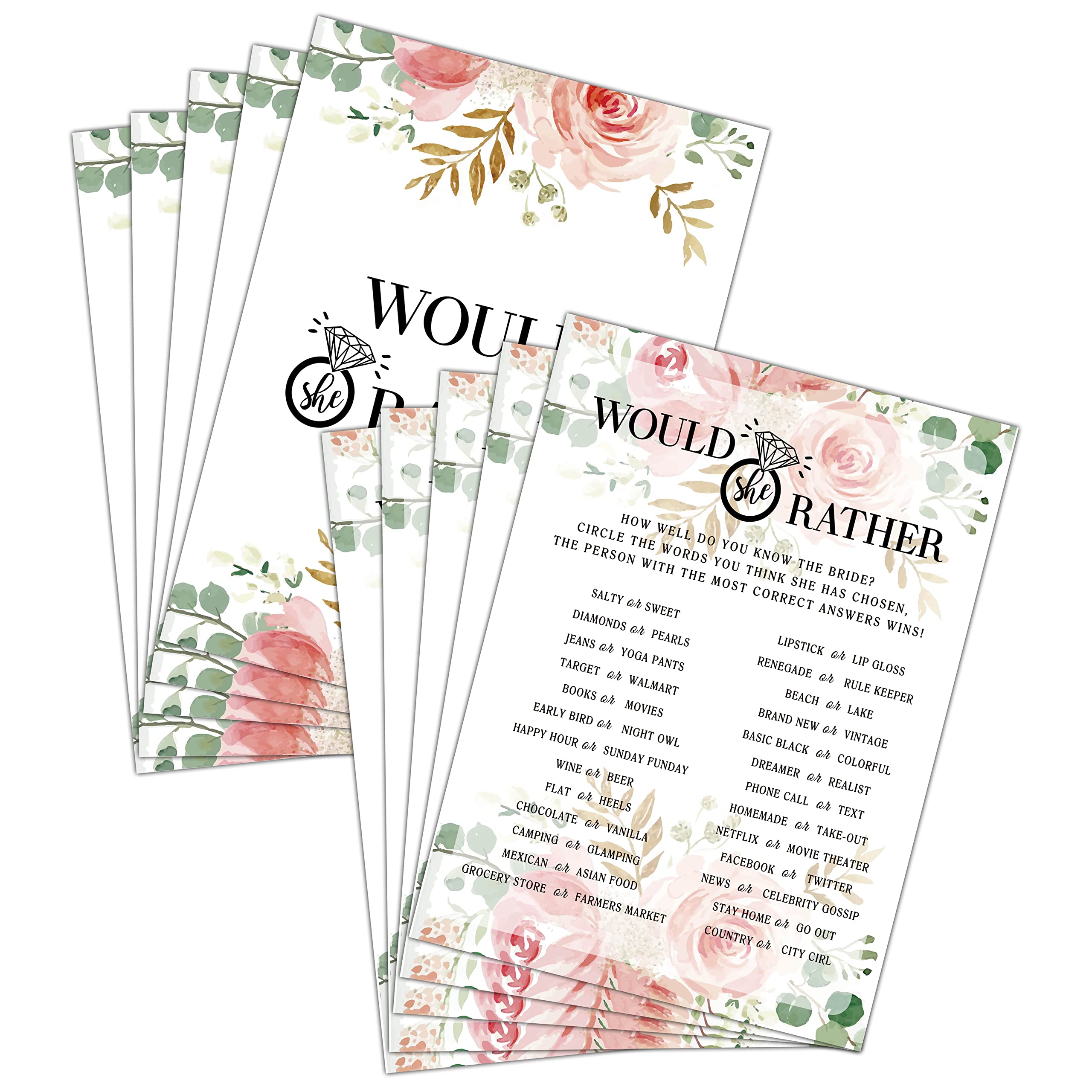 Bridal Shower Game Set - Would She Rather Party Cards for Wedding - Floral Wedding Party Favor Decor - Blush Pink Engagement/Bachelorette Party Games