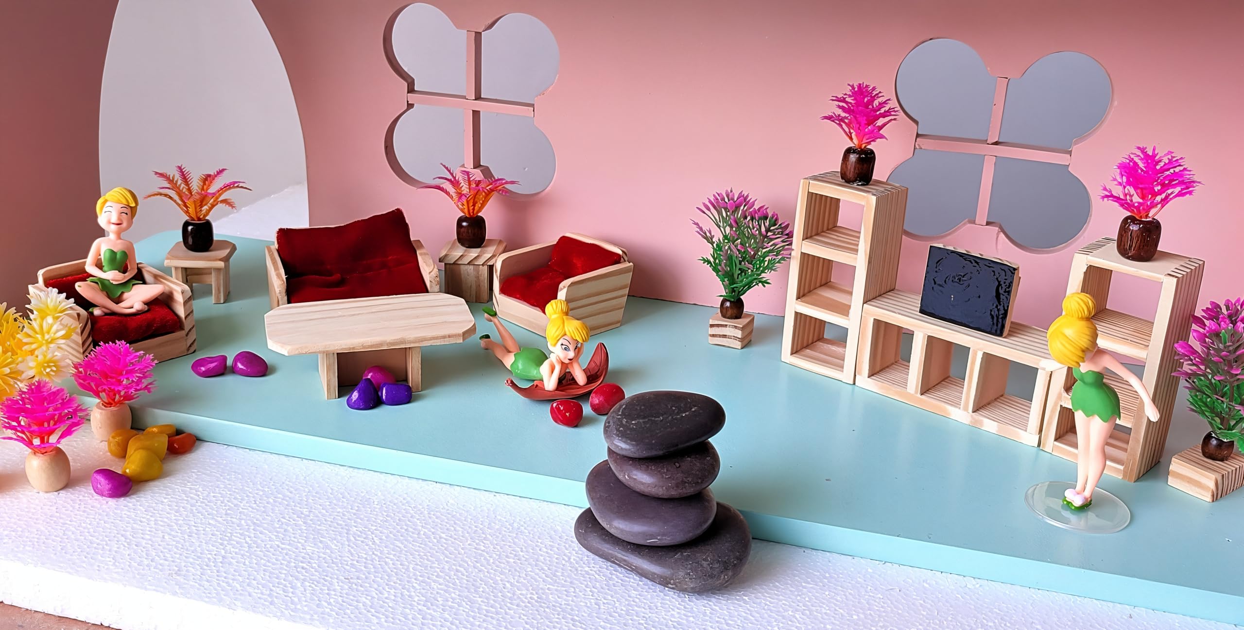 TinyMinyWorld Dollhouse Accessories Doll House Furniture Set (Wooden): Drawing Room - Kitchen - Bedroom - Toilet (Drawing Room Lounge)