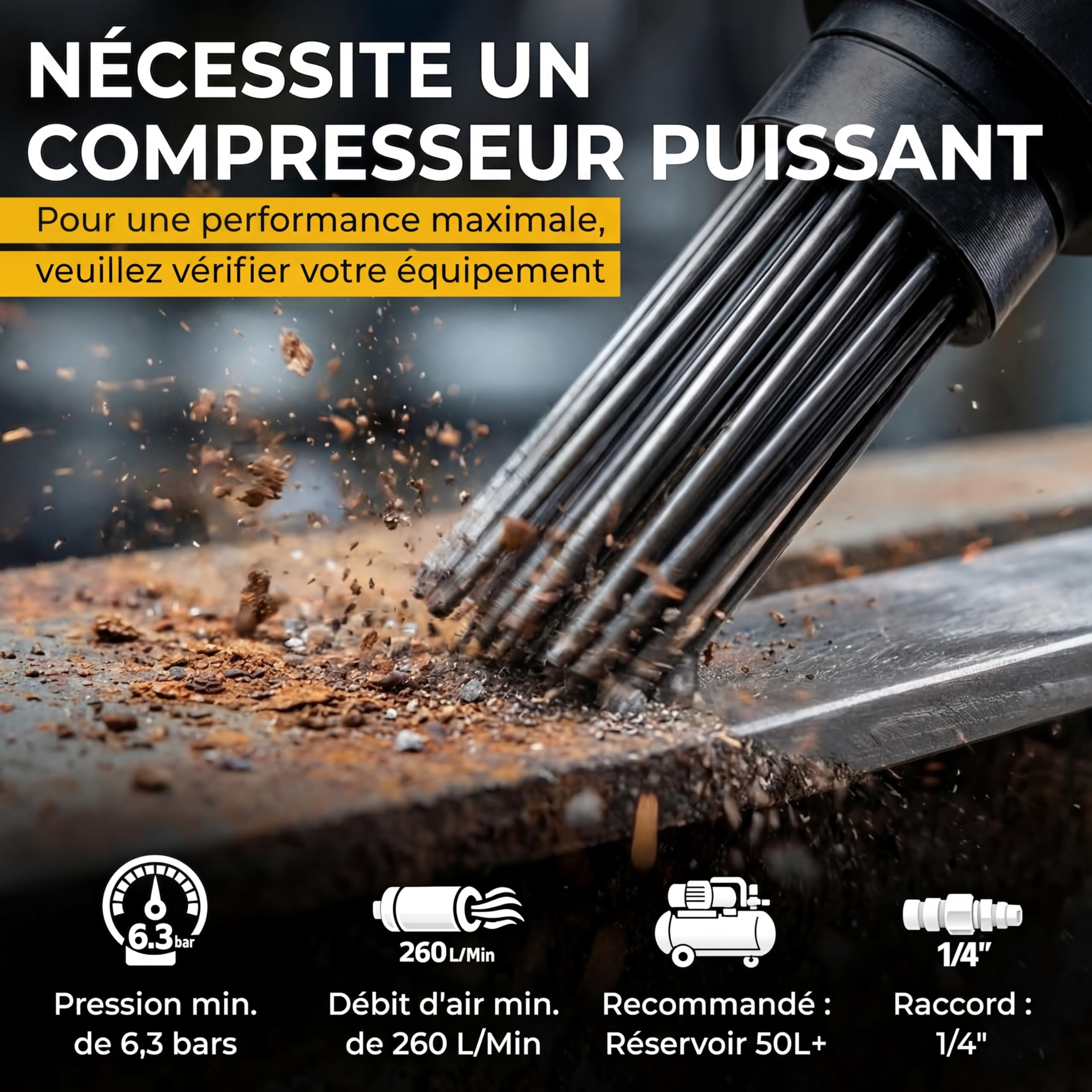 MONZANA® Dérouilleur à aiguilles pneumatique 4.000 tr/min air 260 L/min décapeur burineur marteau air comprimé rouille peinture tête de rechange