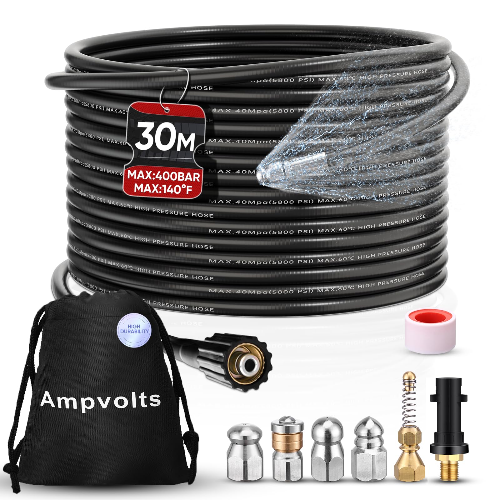 30M Déboucheur Canalisation Haute Pression - 5 Buses + Adaptateur Karcher, 5800 PSI/400 Bar, Compatible avec Karcher K2-K7(Adaptateur standard)