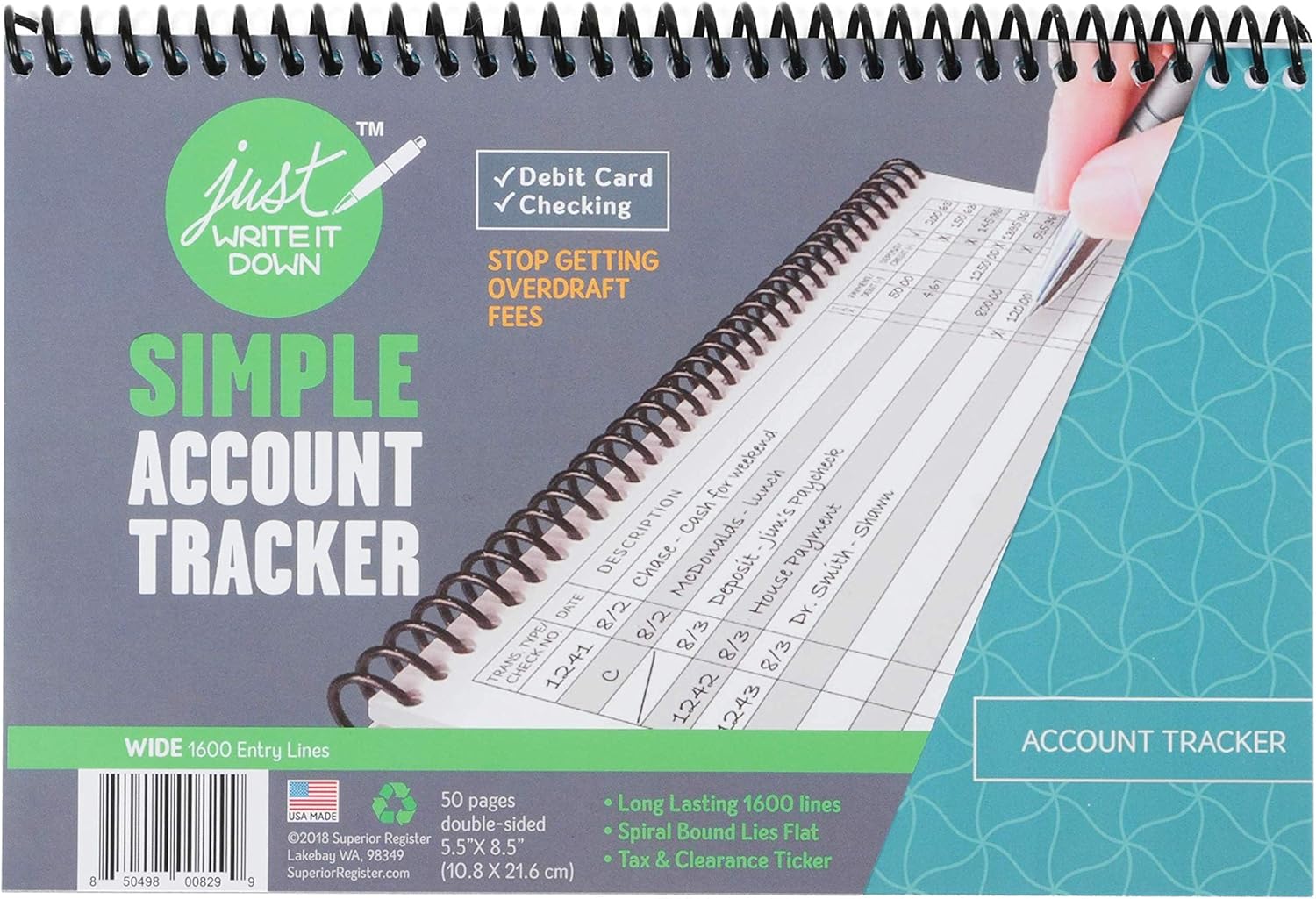 The Superior Check and Debit Card Register W I D E Edition - Teal : Office Products