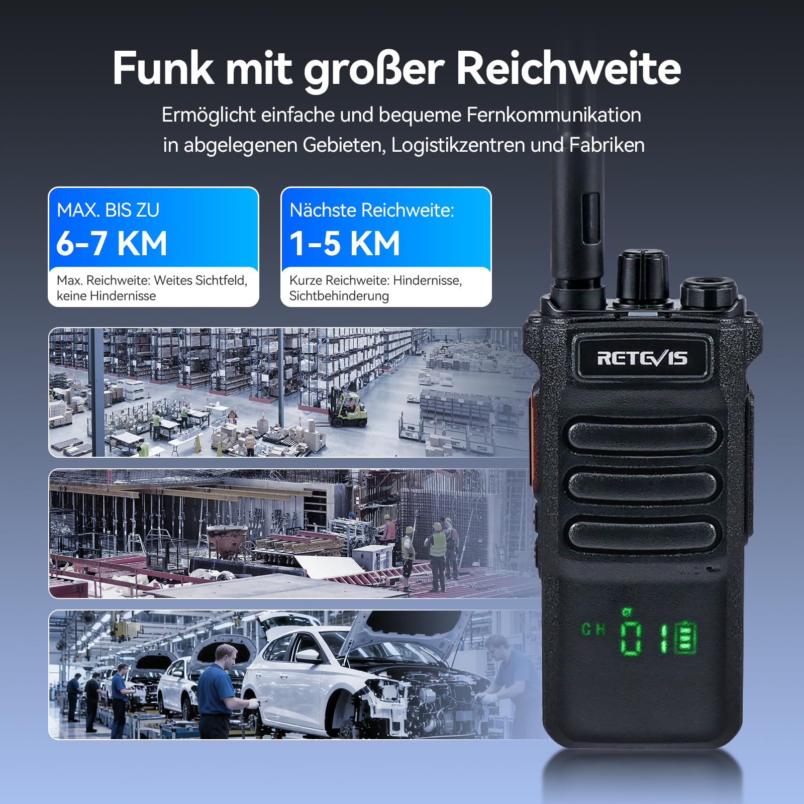 Retevis RT86 Funkgerät mit Großer Reichweite, Walkie Talkie für Lager | Walkie-Talkie Professional mit Lautsprechermikrofon, 2600mAh, Geräuschunterdrückung für Fabrik, Lager(Schwarz, 2 Stück)