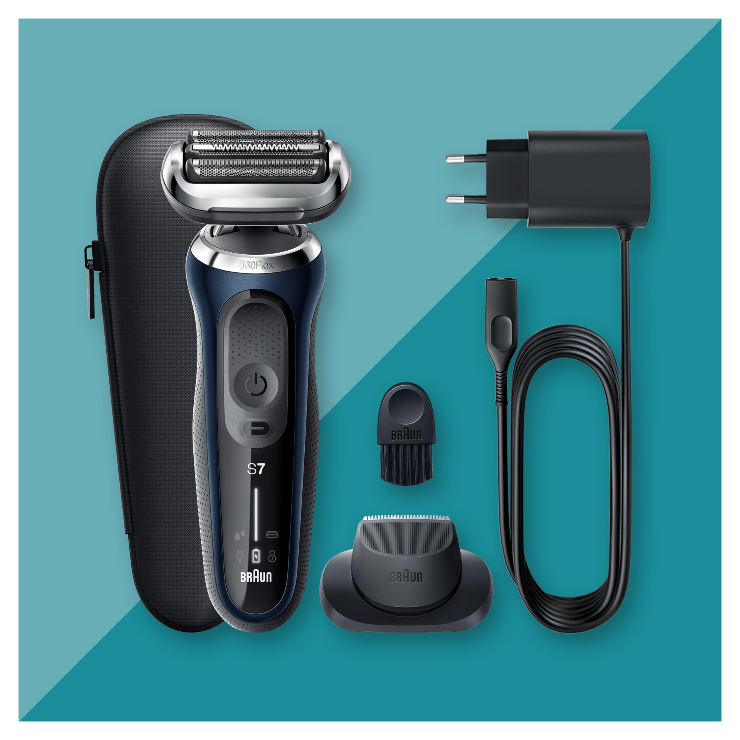 Braun Series 7 Regolabarba Uomo, Rasoio Elettrico Barba, Rifinitore di Precisione Easyclick, 360° Flex, Wet&Dry, Ricaricabile, Custodia da Viaggio, Senza Fili, Idea Regalo, 71-B1200s Blu